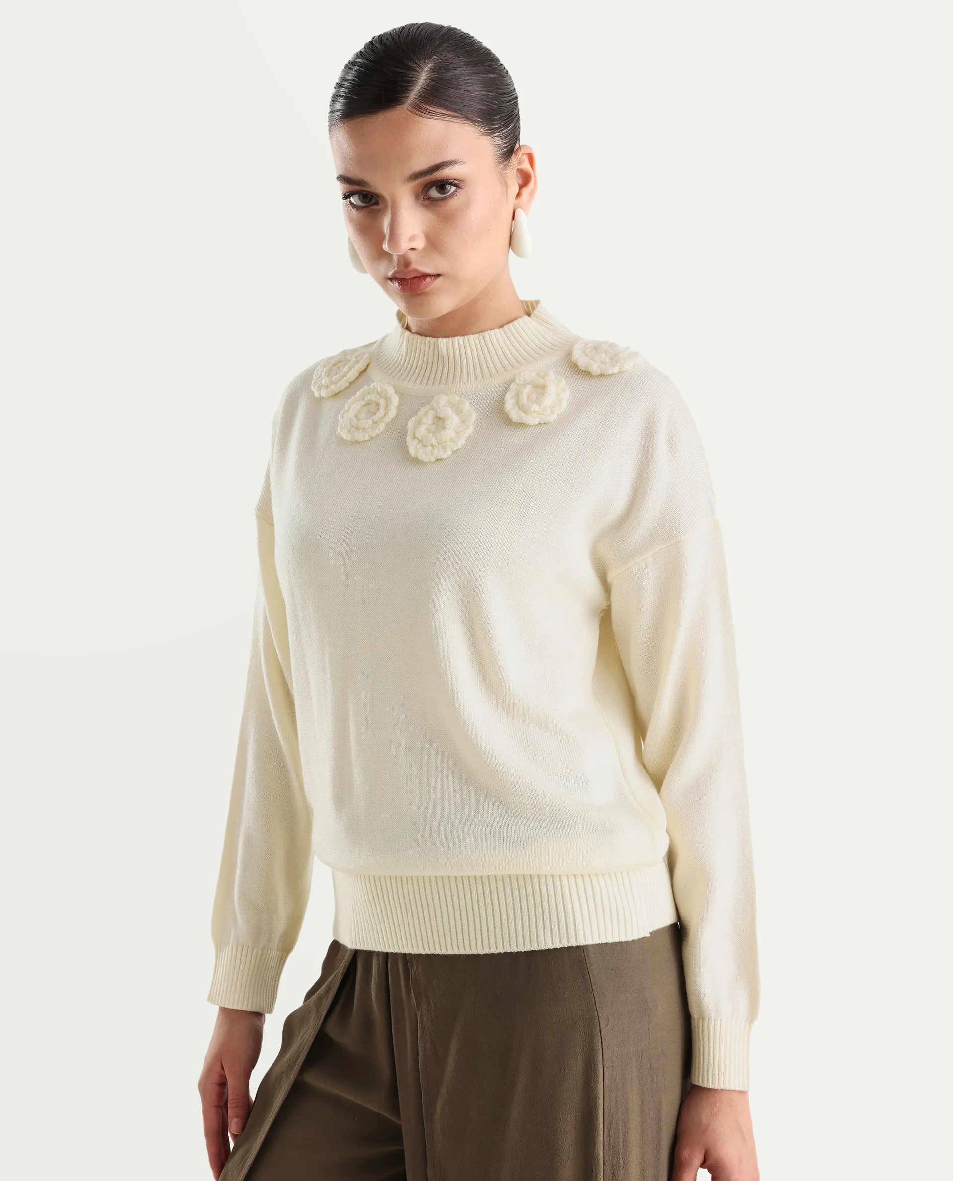 Rareism Women's Adhara Off White Acrylic High Neck Plain Regular Fit Sweater - Image 5