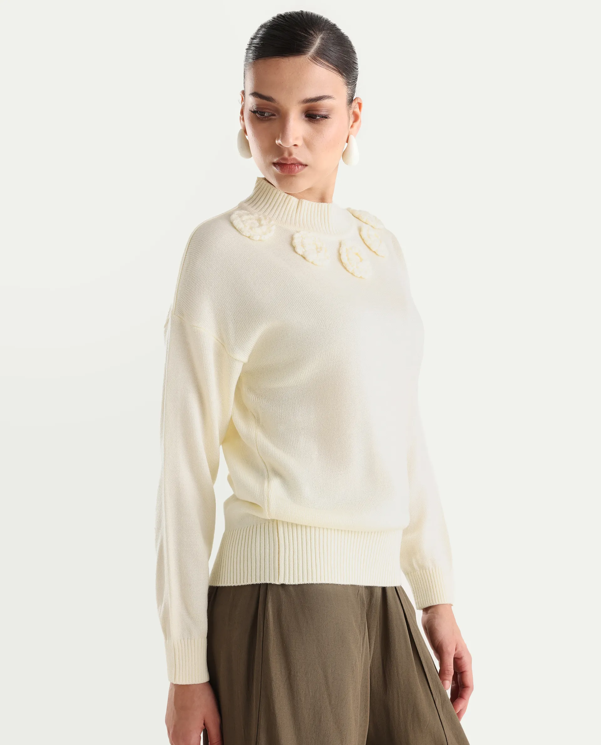Rareism Women's Adhara Off White Acrylic High Neck Plain Regular Fit Sweater - Image 6