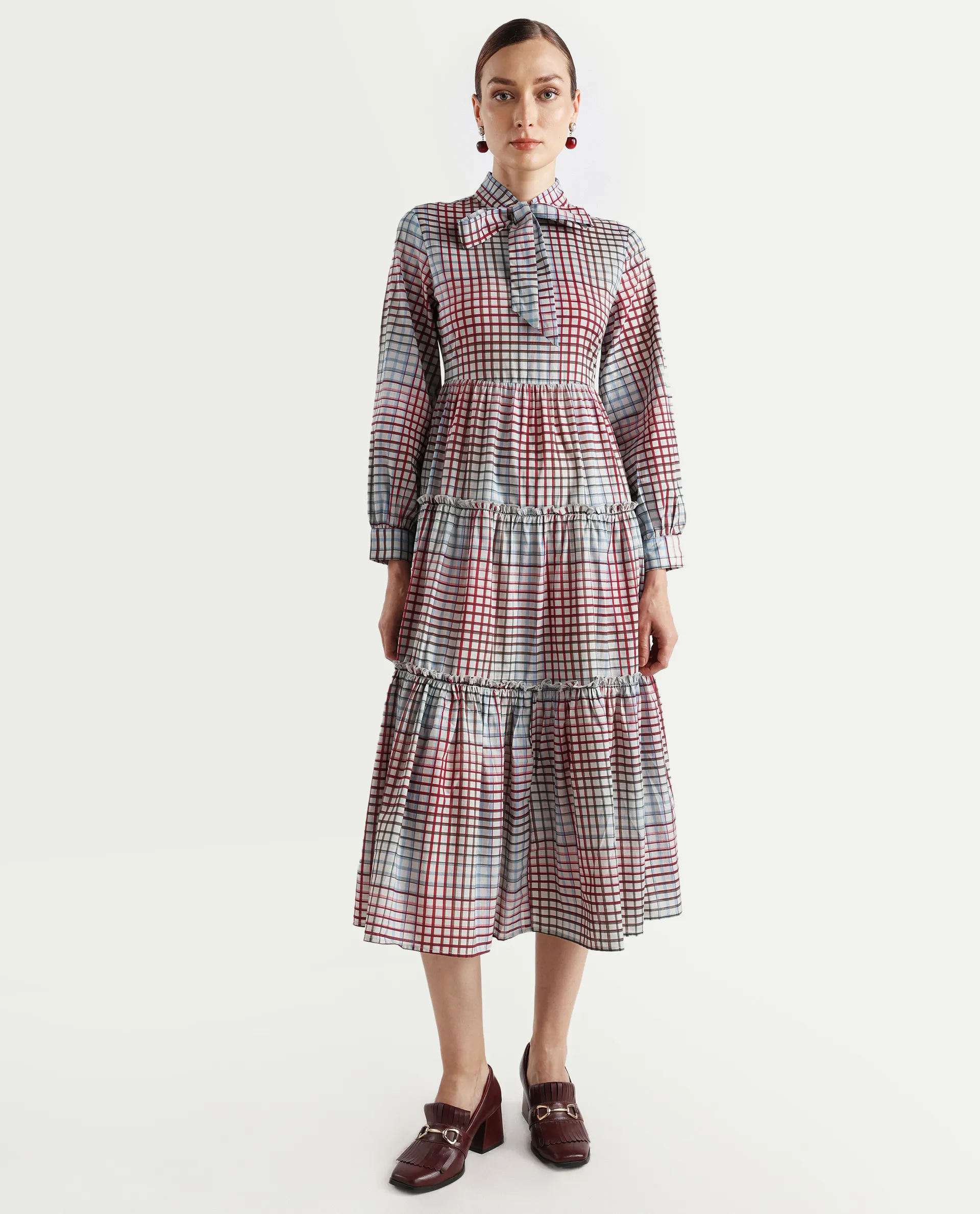 Rareism Women's Adilpi Multi Cotton Tie-Up Neck Flannel Print Bishop Sleeve Midi Fit And Flare Dress - Image 2