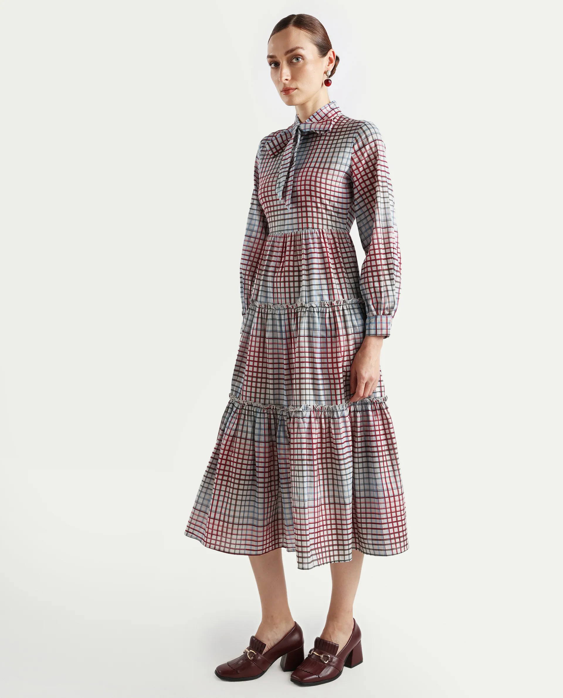 Rareism Women's Adilpi Multi Cotton Tie-Up Neck Flannel Print Bishop Sleeve Midi Fit And Flare Dress - Image 3