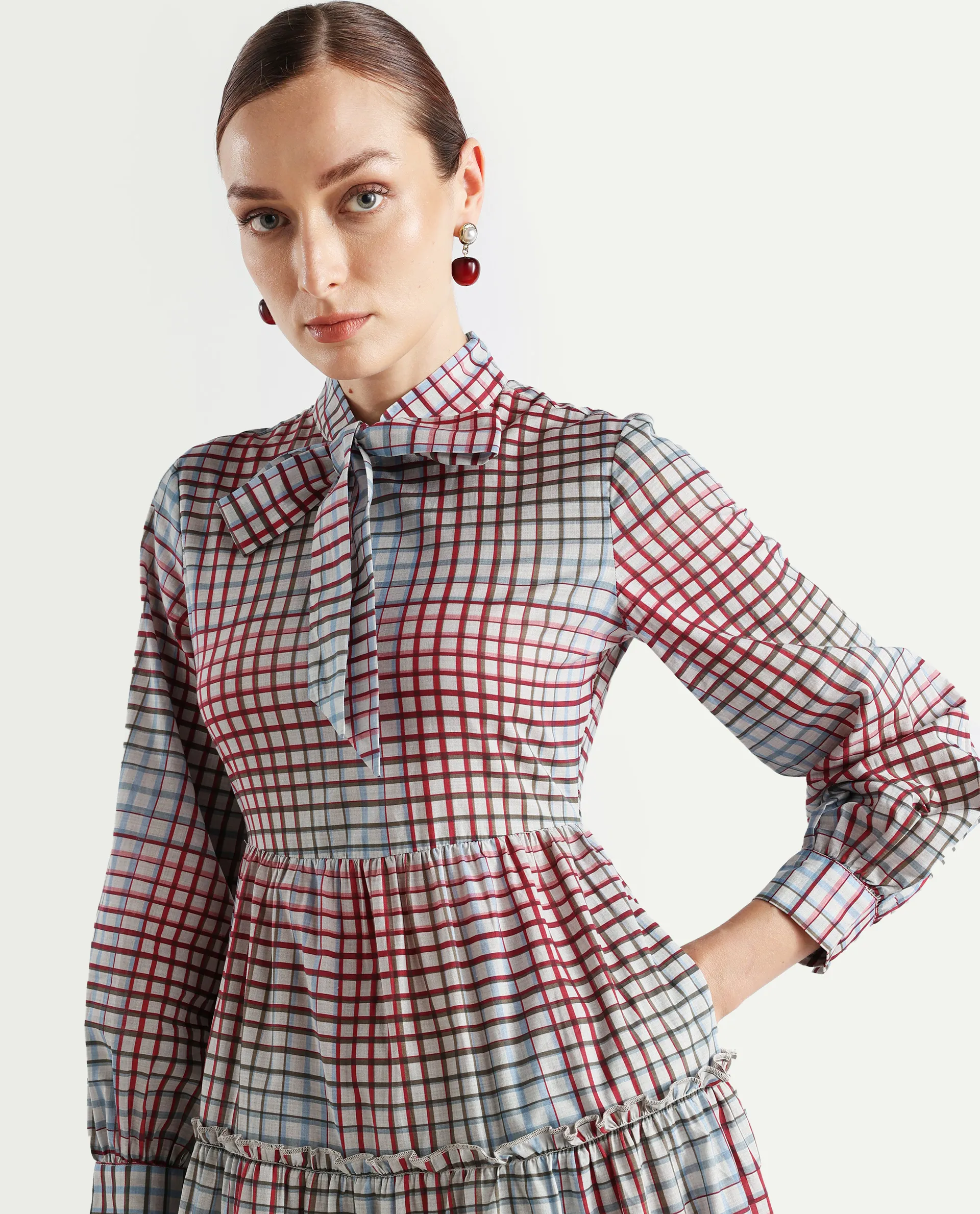 Rareism Women's Adilpi Multi Cotton Tie-Up Neck Flannel Print Bishop Sleeve Midi Fit And Flare Dress - Image 4