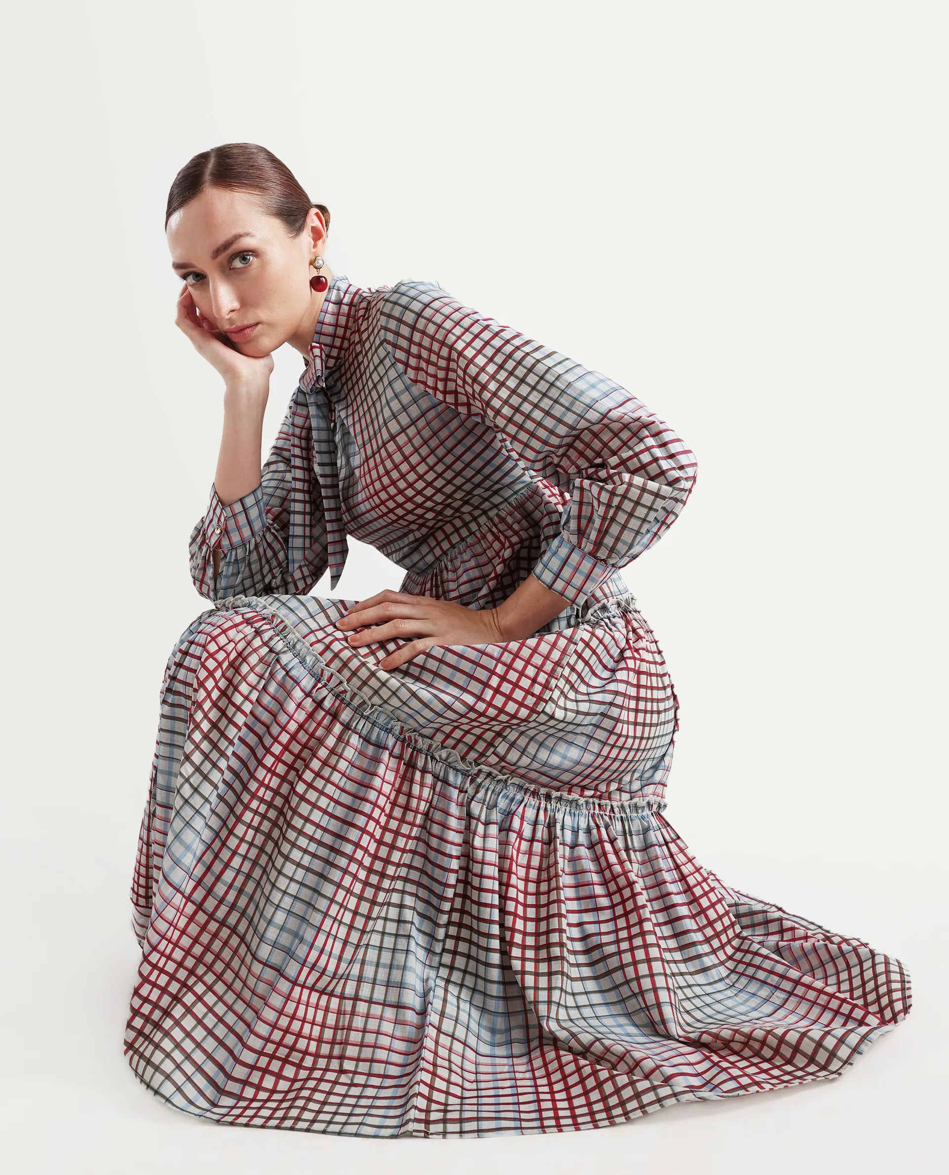 Rareism Women's Adilpi Multi Cotton Tie-Up Neck Flannel Print Bishop Sleeve Midi Fit And Flare Dress - Image 5