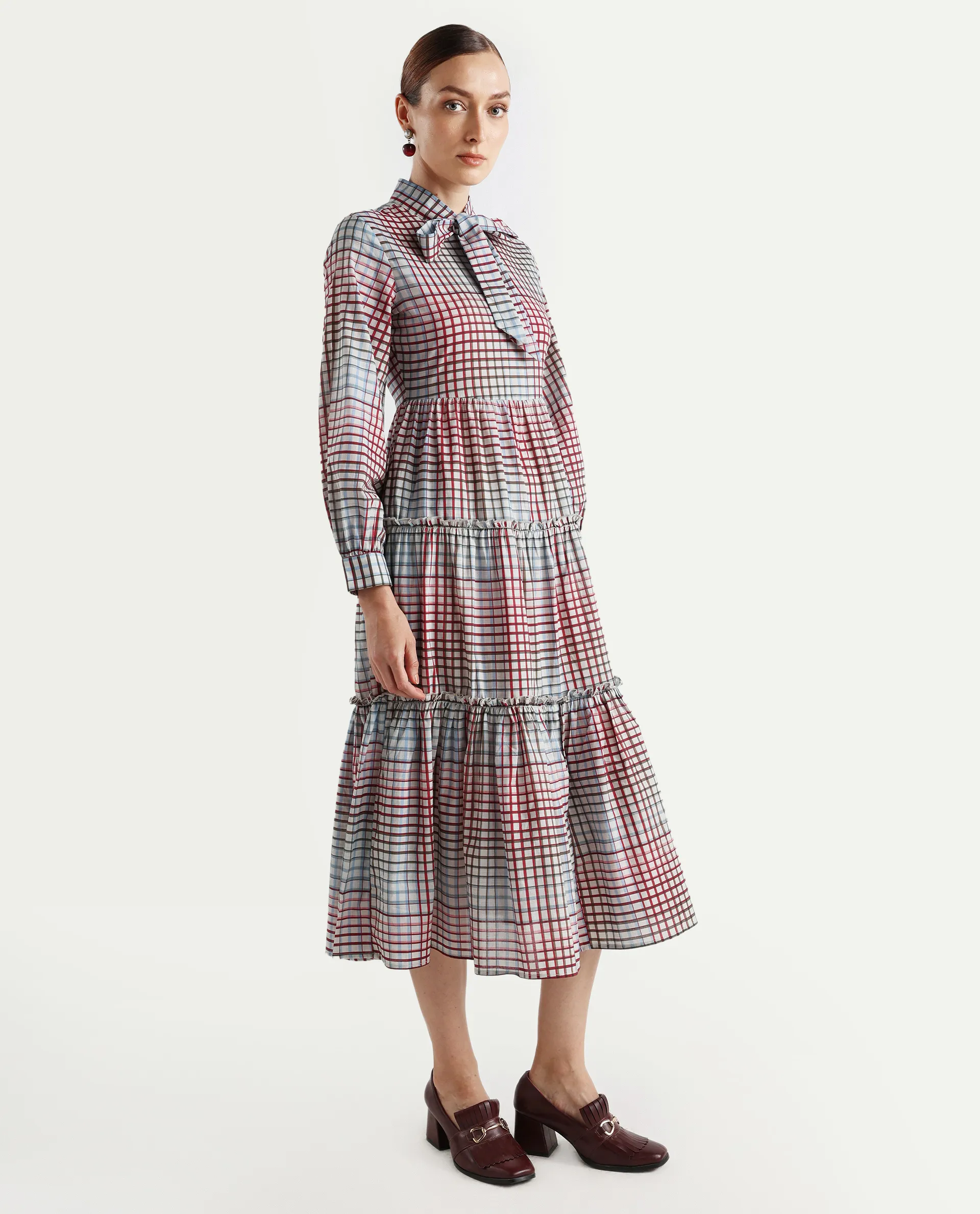 Rareism Women's Adilpi Multi Cotton Tie-Up Neck Flannel Print Bishop Sleeve Midi Fit And Flare Dress - Image 6