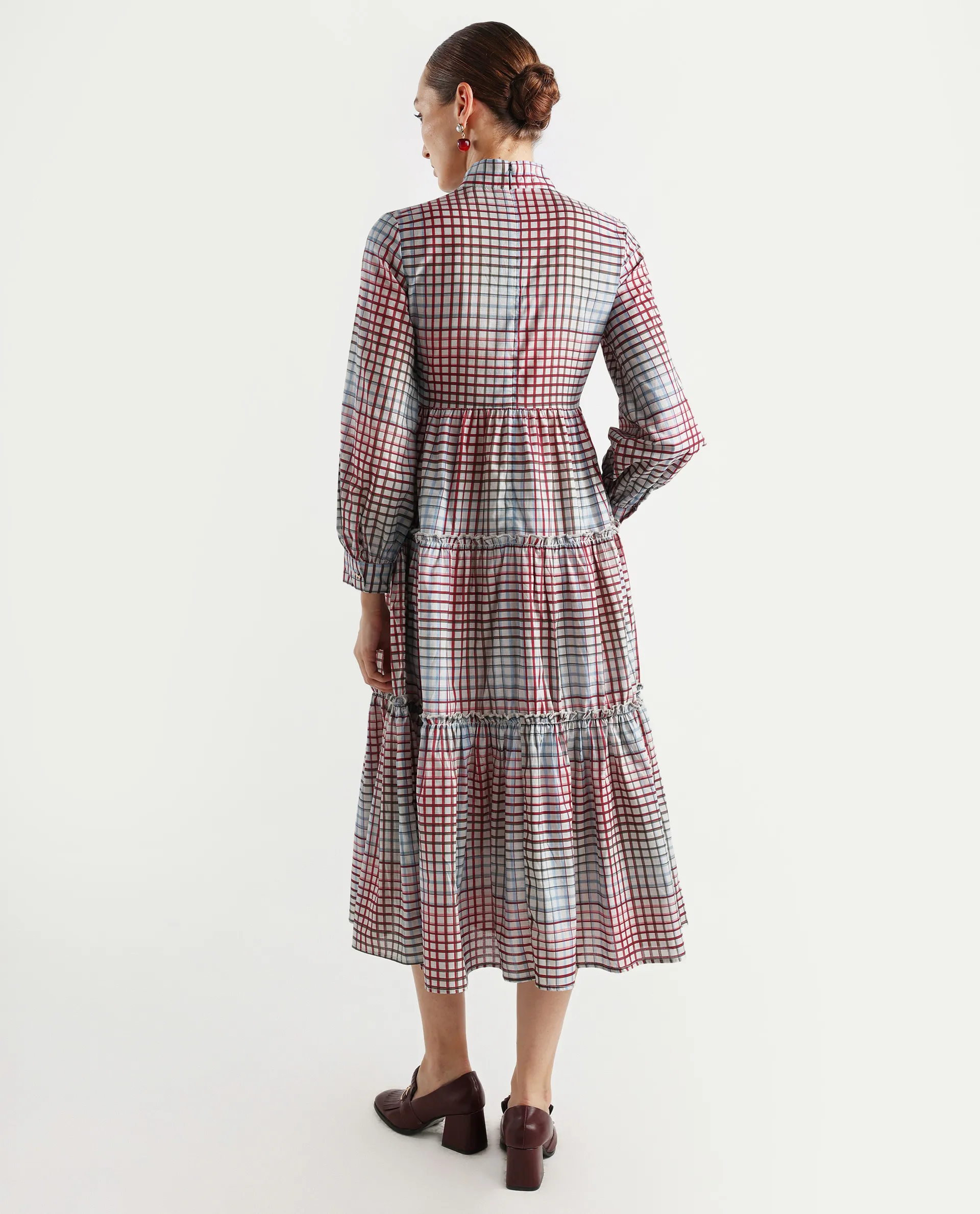 Rareism Women's Adilpi Multi Cotton Tie-Up Neck Flannel Print Bishop Sleeve Midi Fit And Flare Dress - Image 7