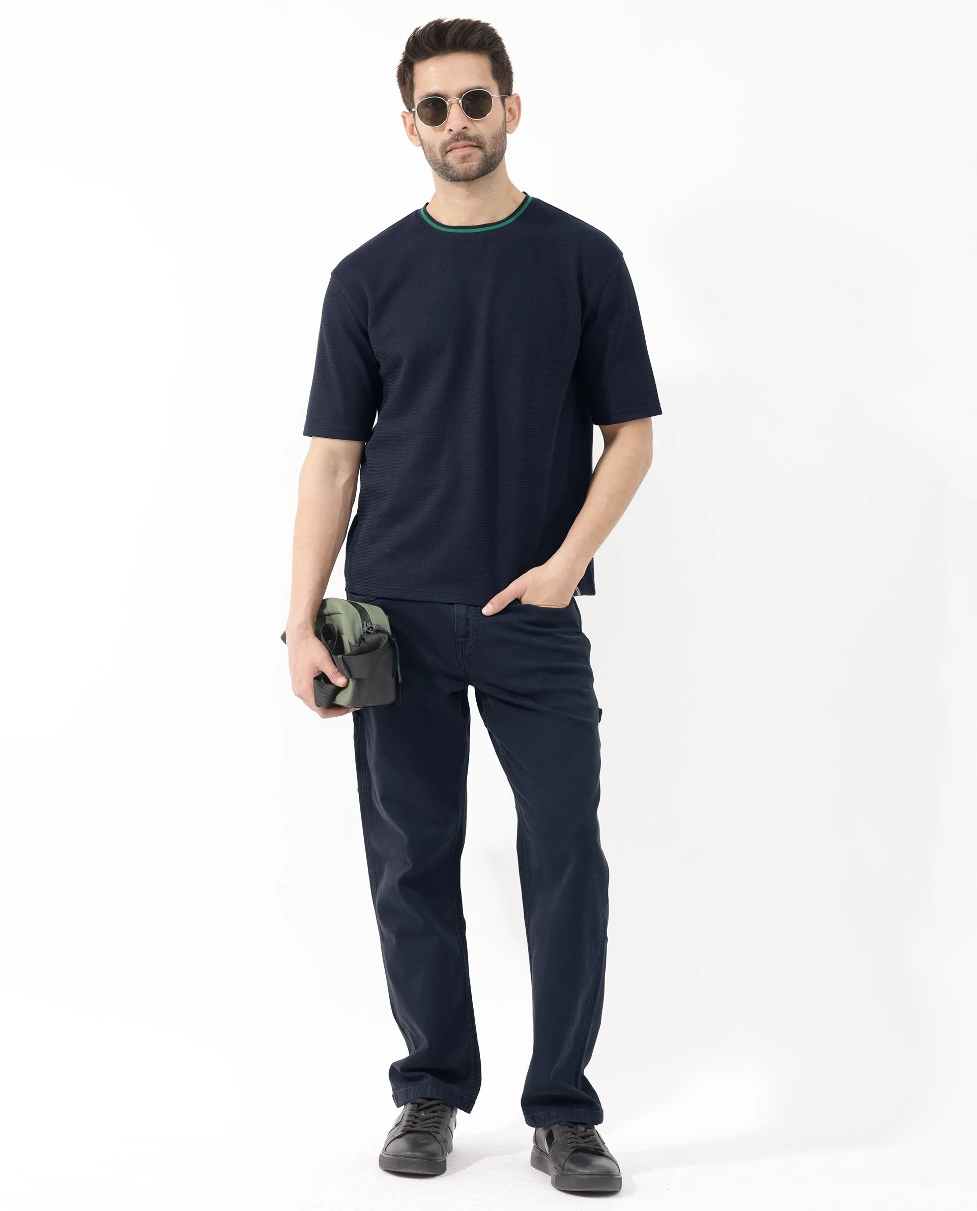 Rare Rabbit Men's Adiso-1 Navy Cotton Blend Plain Oversized Fit Half Sleeve Crew Neck T-Shirt - Image 2