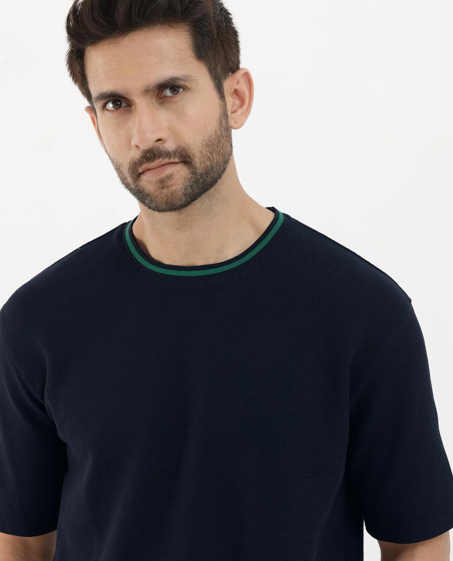 Rare Rabbit Men's Adiso-1 Navy Cotton Blend Plain Oversized Fit Half Sleeve Crew Neck T-Shirt - Image 4