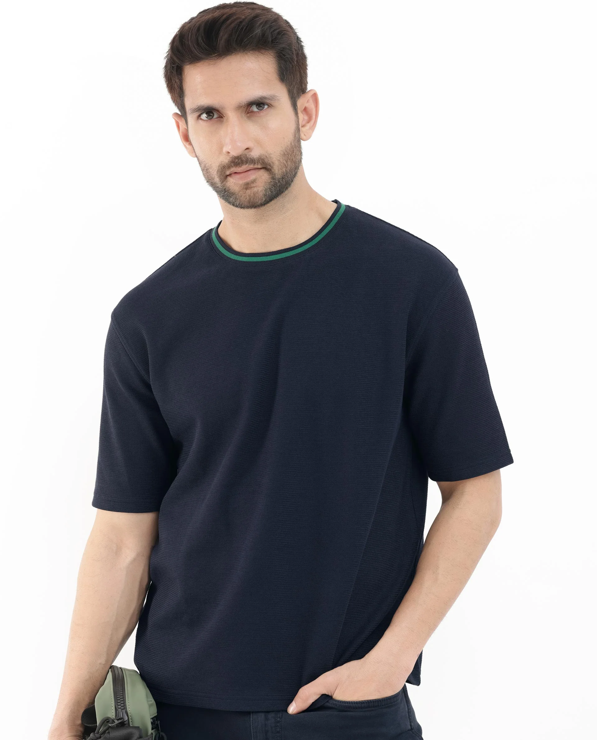 Rare Rabbit Men's Adiso-1 Navy Cotton Blend Plain Oversized Fit Half Sleeve Crew Neck T-Shirt - Image 5