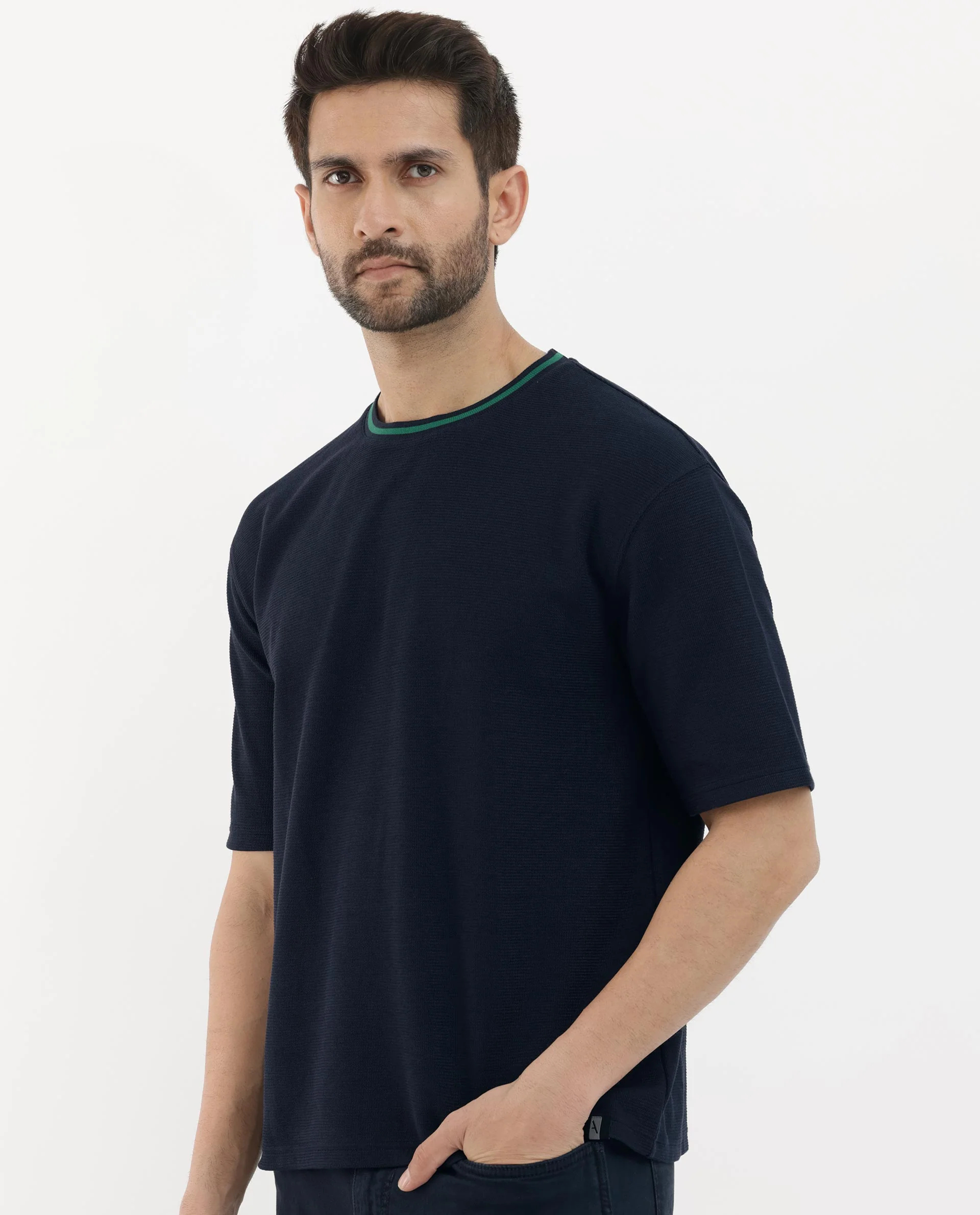 Rare Rabbit Men's Adiso-1 Navy Cotton Blend Plain Oversized Fit Half Sleeve Crew Neck T-Shirt - Image 7