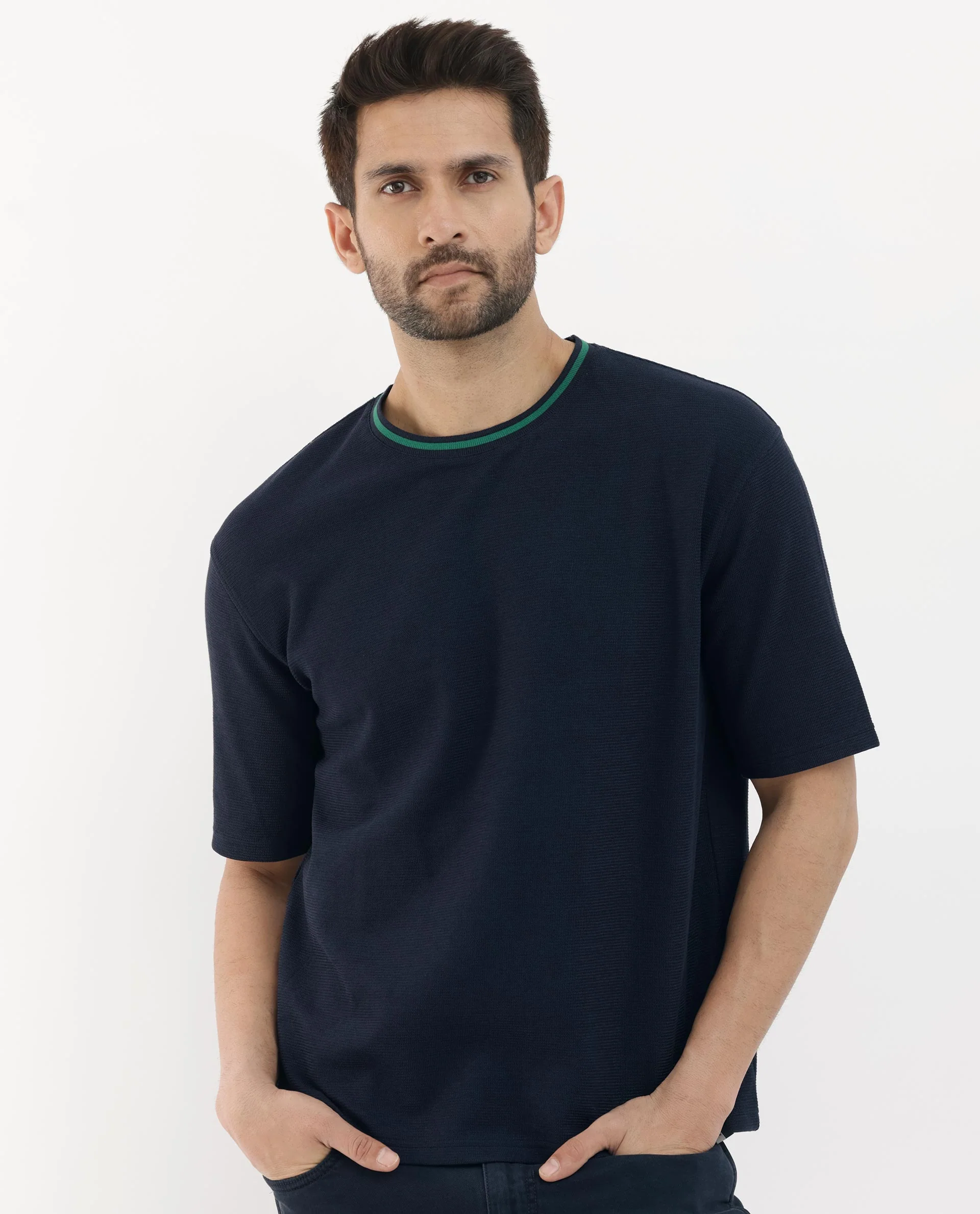 Rare Rabbit Men's Adiso-1 Navy Cotton Blend Plain Oversized Fit Half Sleeve Crew Neck T-Shirt - Image 9