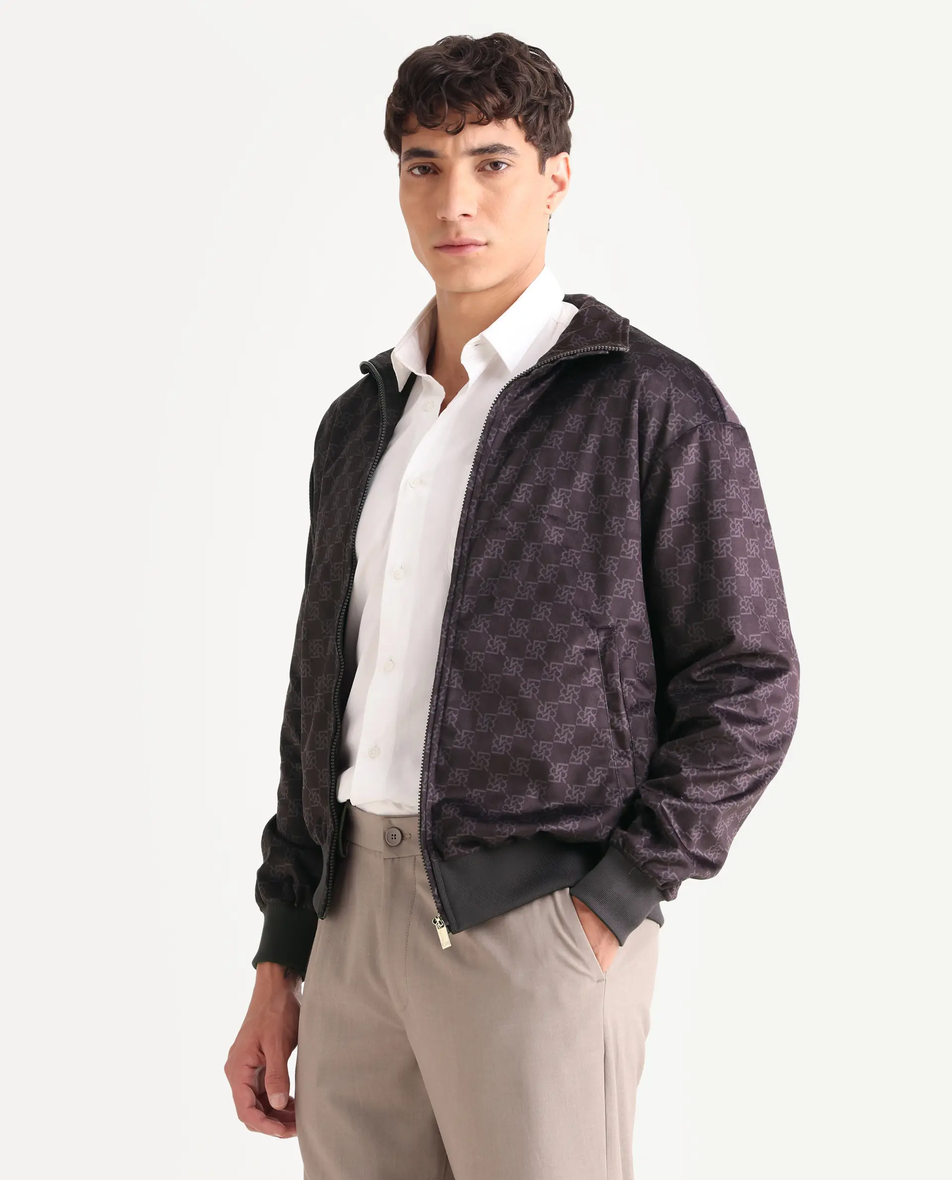 Rare Rabbit Men's Adiso-Dp Dark Brown Polyester Fabric High Neck Regular Fit Geometric Print Jacket - Image 4