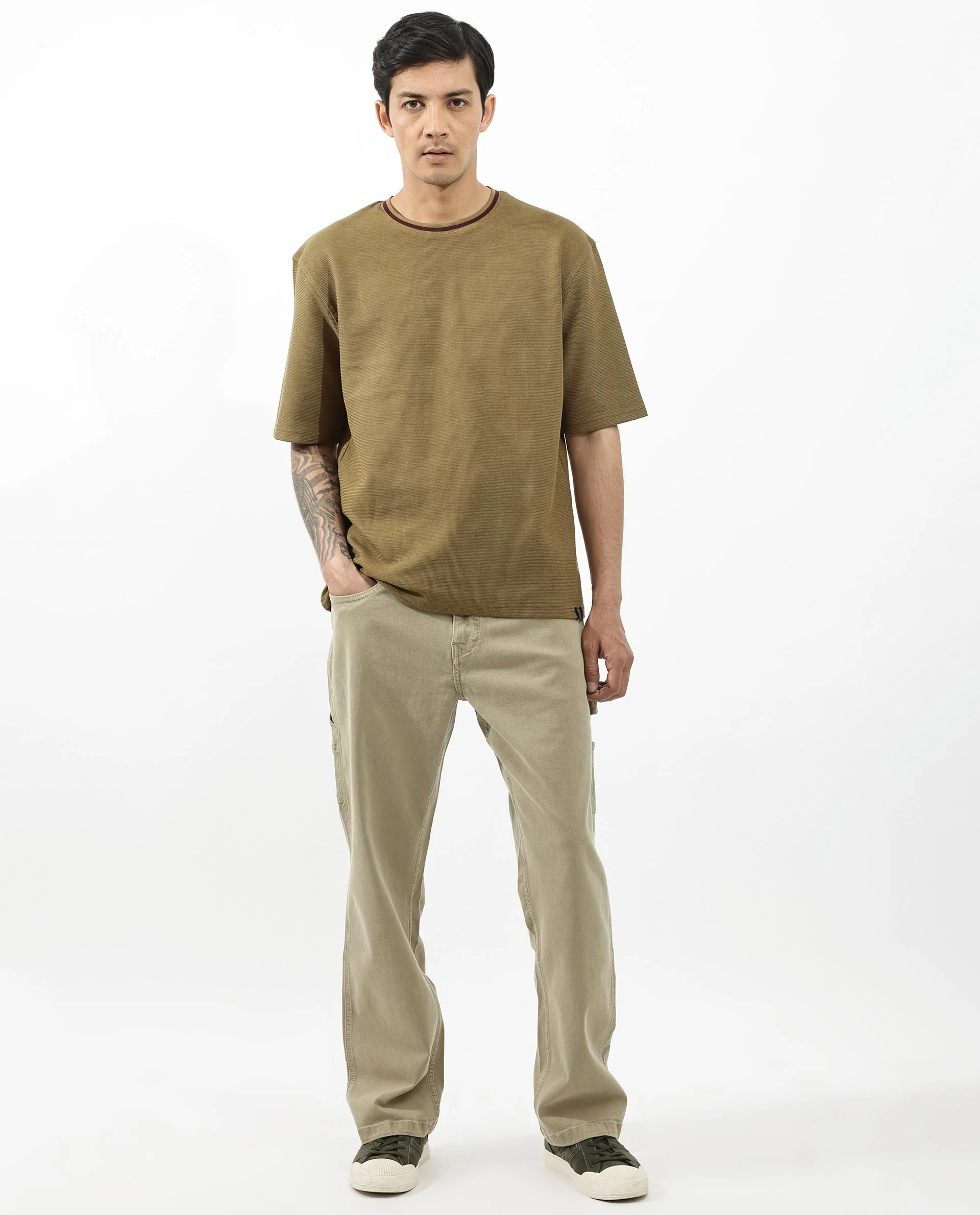 Rare Rabbit Men's Adiso Dusky Mustard Cotton Blend Plain Oversized Fit Half Sleeve Crew Neck T-Shirt - Image 2