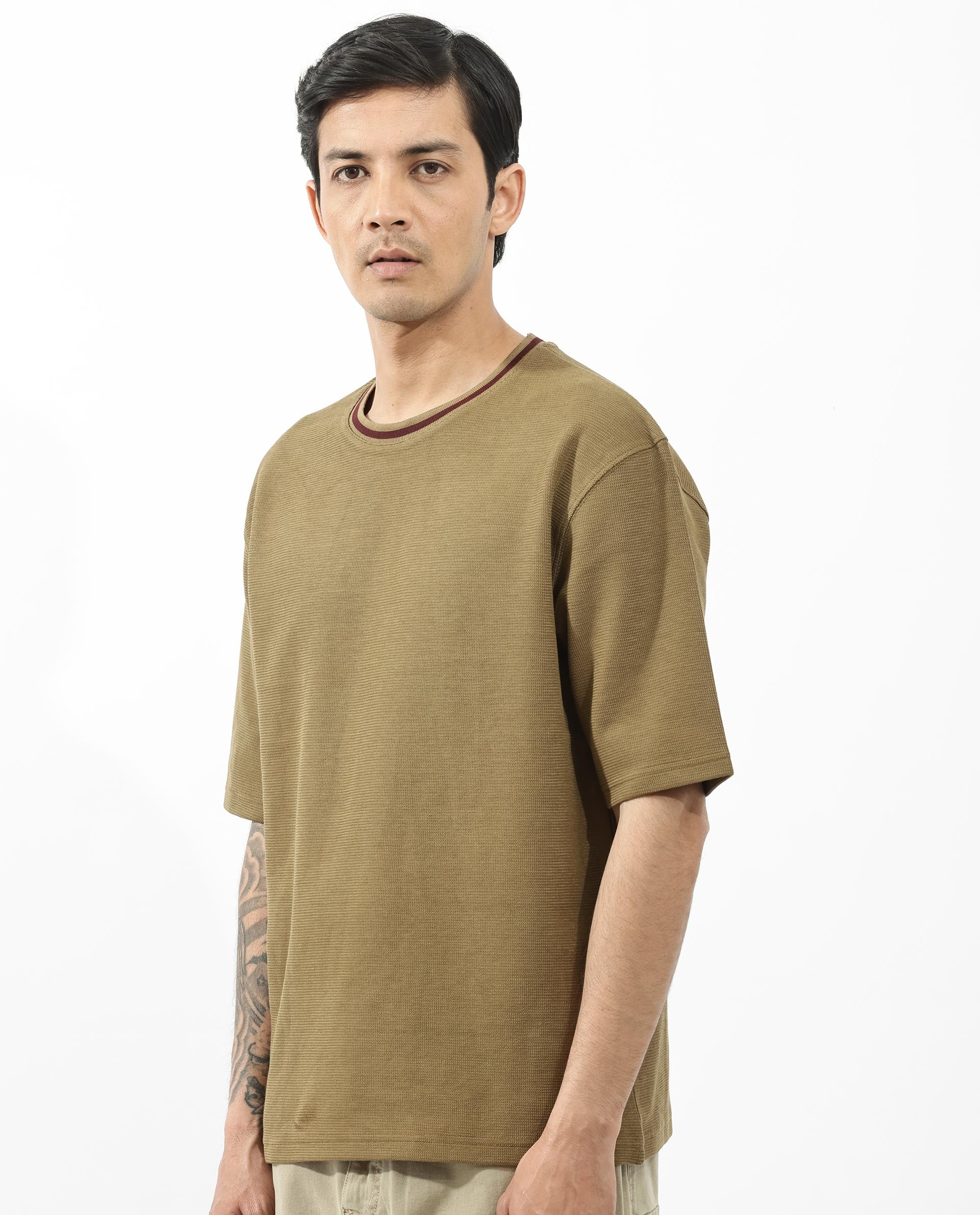 Rare Rabbit Men's Adiso Dusky Mustard Cotton Blend Plain Oversized Fit Half Sleeve Crew Neck T-Shirt - Image 3