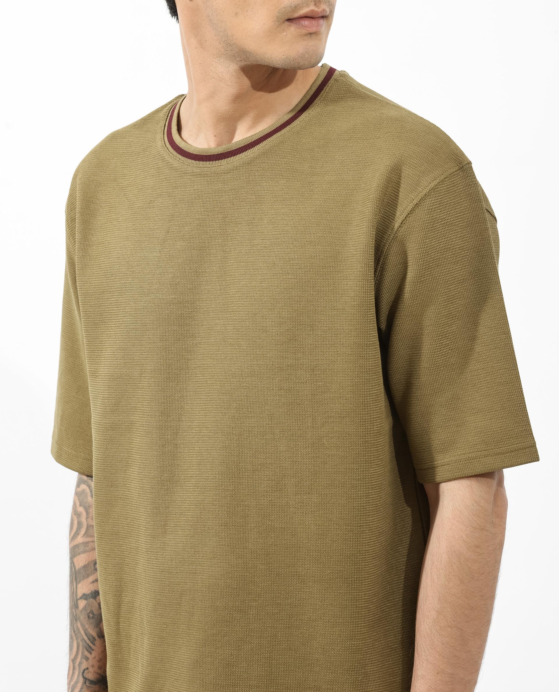 Rare Rabbit Men's Adiso Dusky Mustard Cotton Blend Plain Oversized Fit Half Sleeve Crew Neck T-Shirt - Image 5