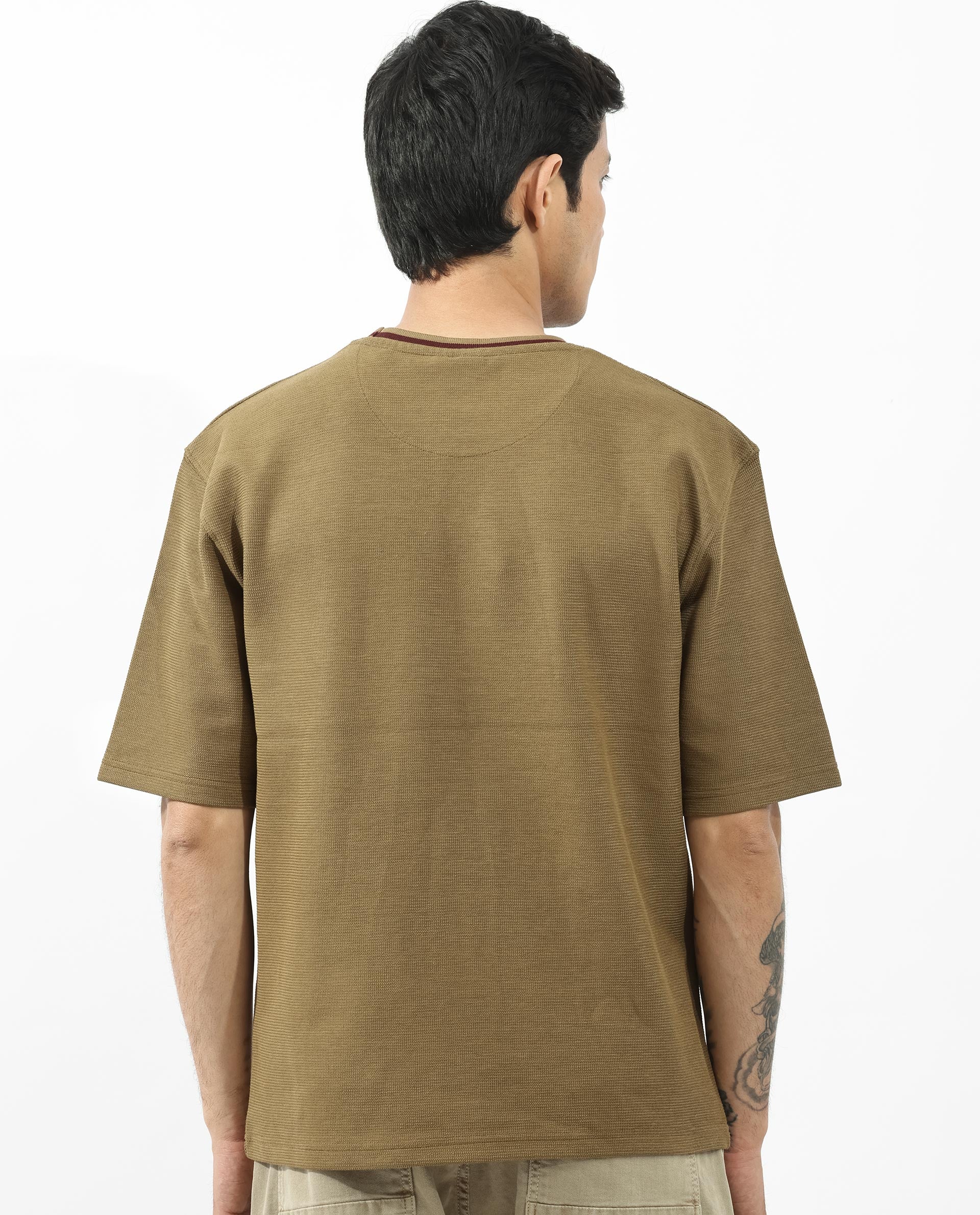 Rare Rabbit Men's Adiso Dusky Mustard Cotton Blend Plain Oversized Fit Half Sleeve Crew Neck T-Shirt - Image 6