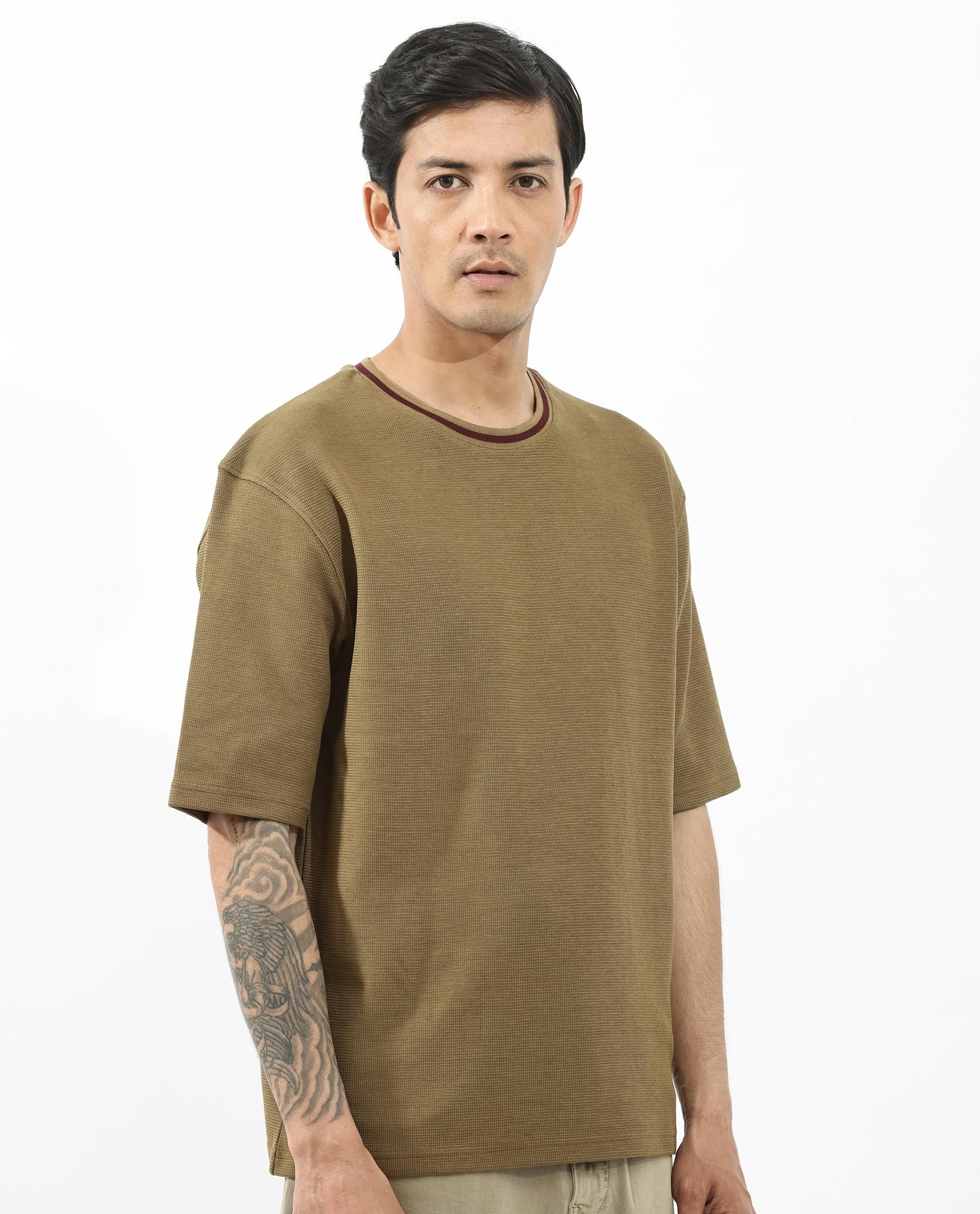 Rare Rabbit Men's Adiso Dusky Mustard Cotton Blend Plain Oversized Fit Half Sleeve Crew Neck T-Shirt - Image 7