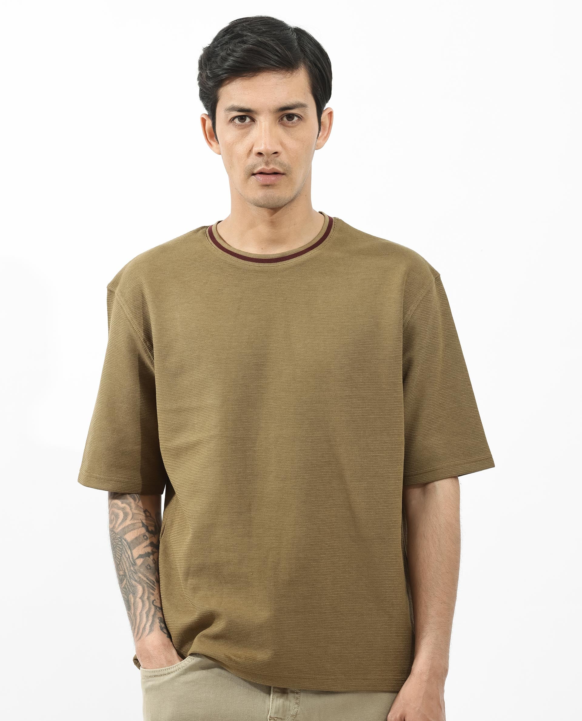 Rare Rabbit Men's Adiso Dusky Mustard Cotton Blend Plain Oversized Fit Half Sleeve Crew Neck T-Shirt - Image 8