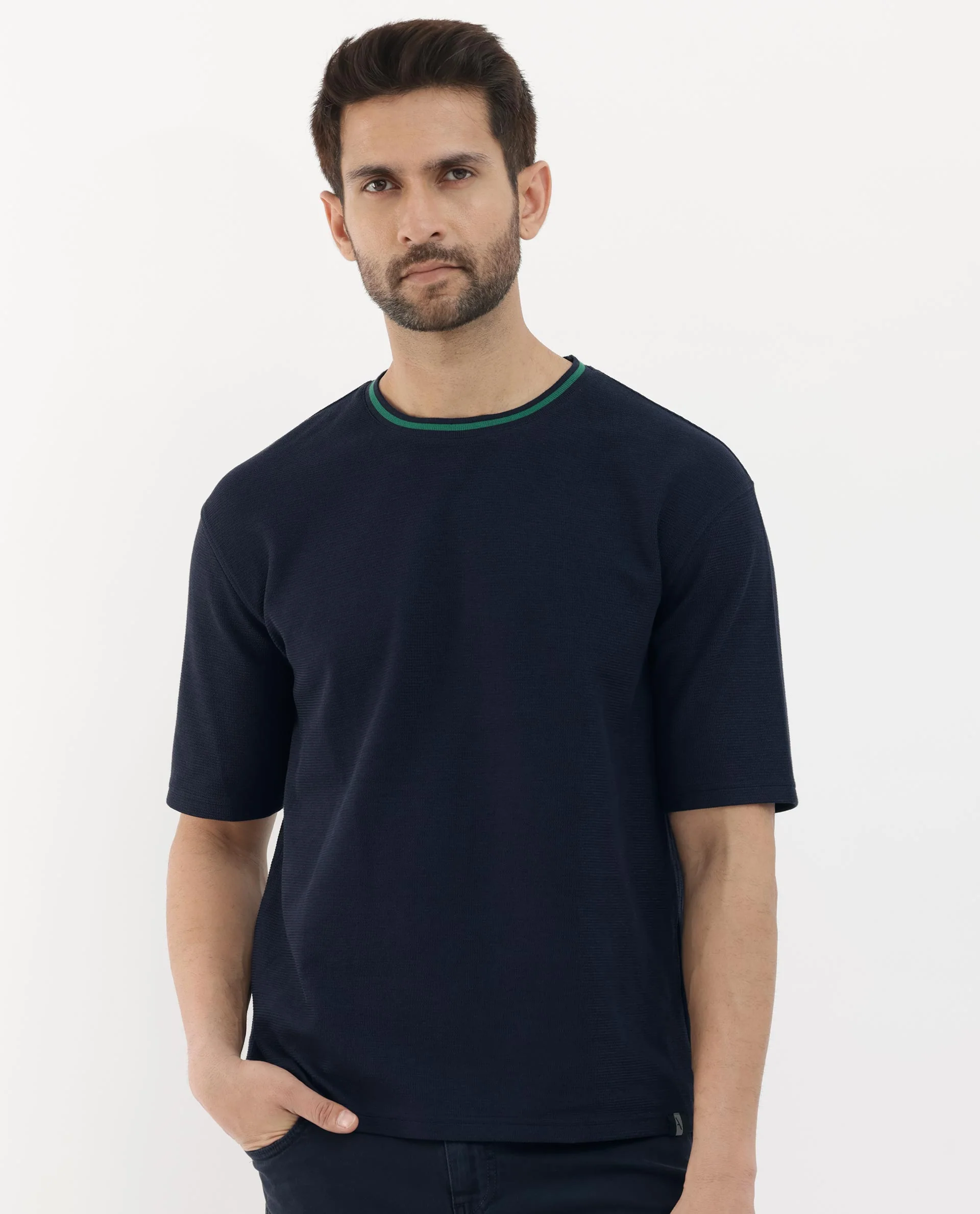 Rare Rabbit Men's Adiso Navy Cotton Blend Plain Oversized Fit Half Sleeve Crew Neck T-Shirt - Image 4