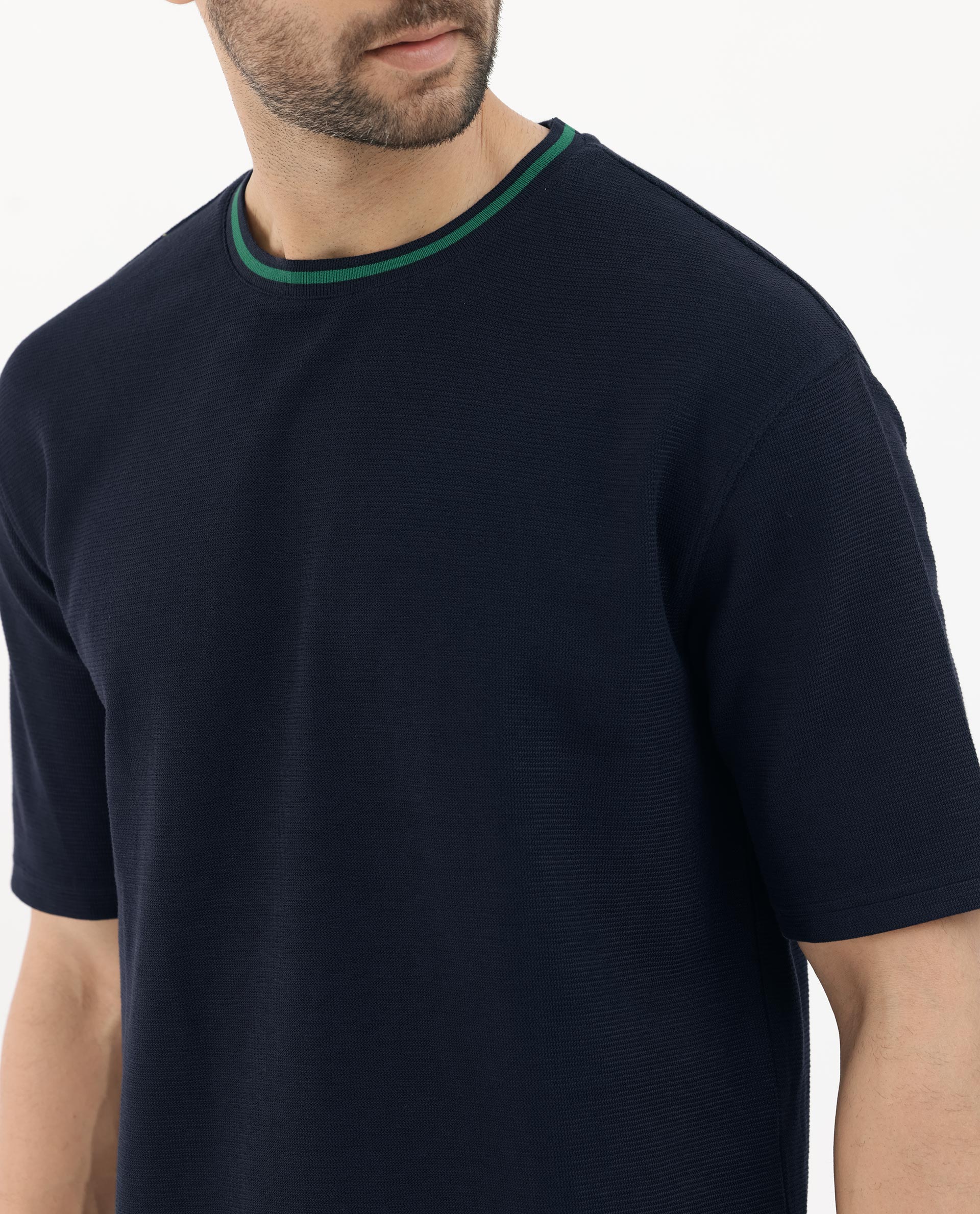 Rare Rabbit Men's Adiso Navy Cotton Blend Plain Oversized Fit Half Sleeve Crew Neck T-Shirt - Image 6