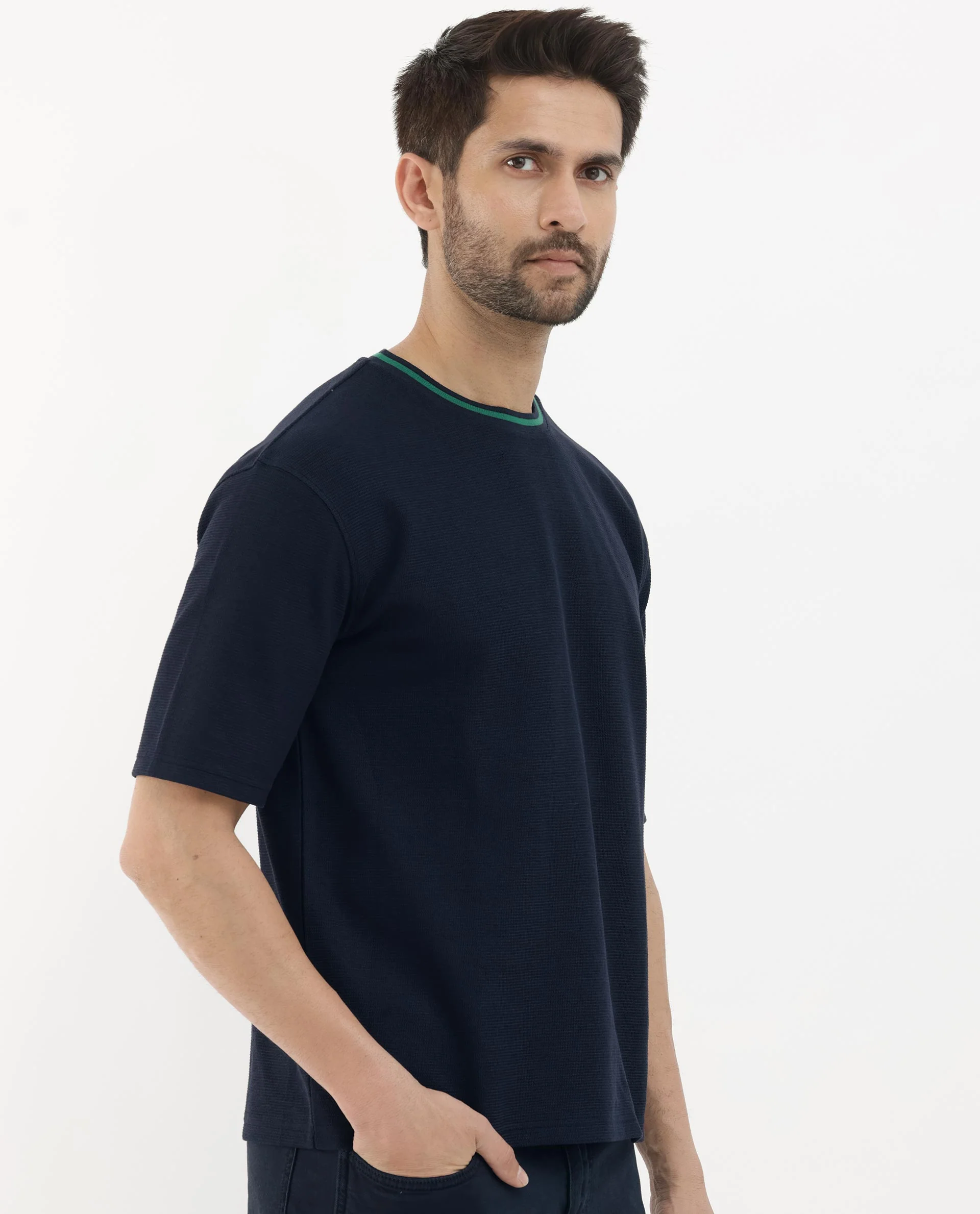 Rare Rabbit Men's Adiso Navy Cotton Blend Plain Oversized Fit Half Sleeve Crew Neck T-Shirt - Image 8