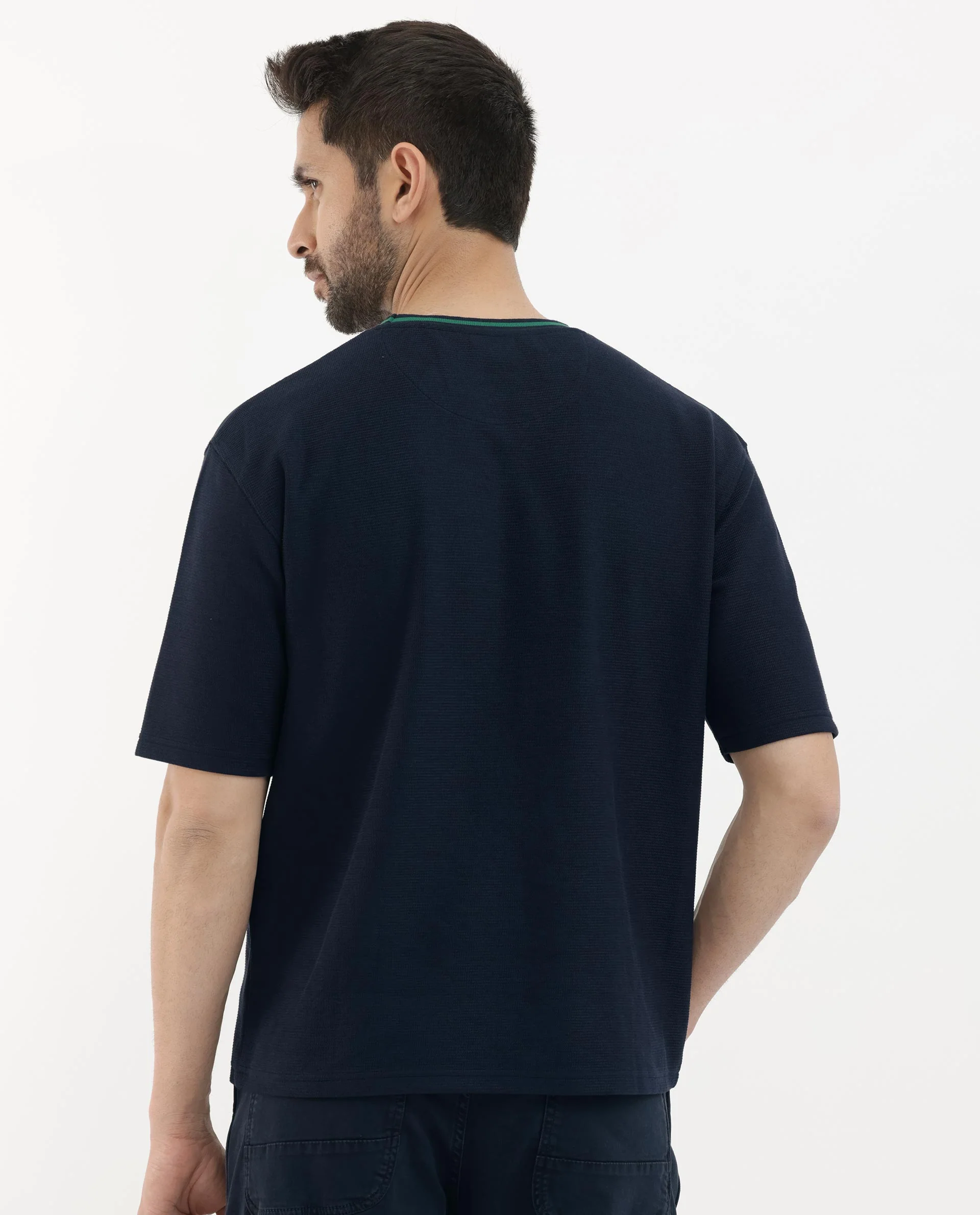 Rare Rabbit Men's Adiso Navy Cotton Blend Plain Oversized Fit Half Sleeve Crew Neck T-Shirt - Image 9