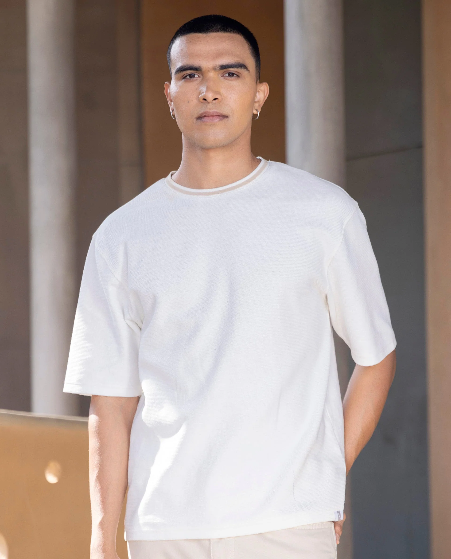 Rare Rabbit Men's Adiso Off White Cotton Blend Plain Oversized Fit Half Sleeve Crew Neck T-Shirt - Image 2