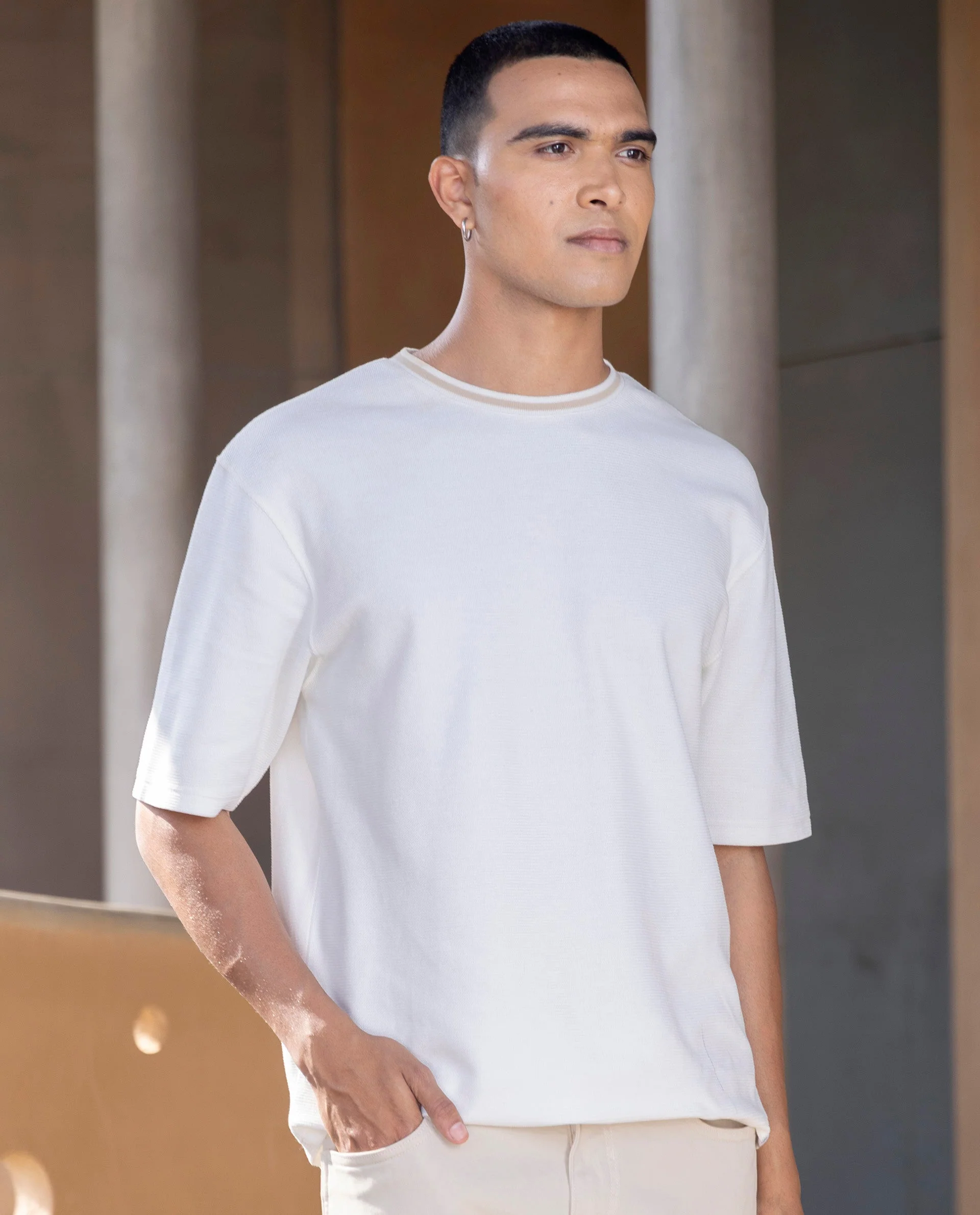Rare Rabbit Men's Adiso Off White Cotton Blend Plain Oversized Fit Half Sleeve Crew Neck T-Shirt - Image 3