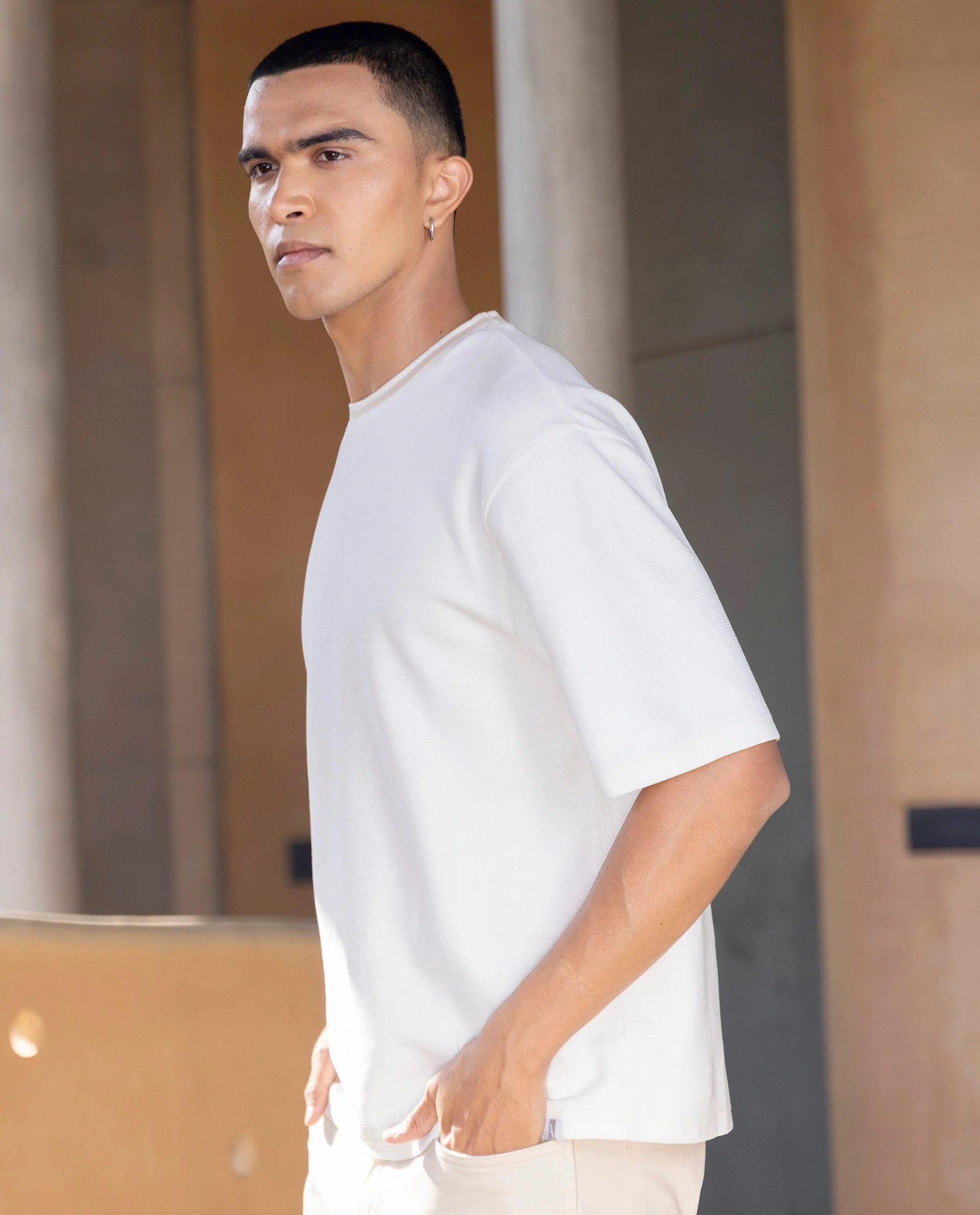 Rare Rabbit Men's Adiso Off White Cotton Blend Plain Oversized Fit Half Sleeve Crew Neck T-Shirt - Image 4