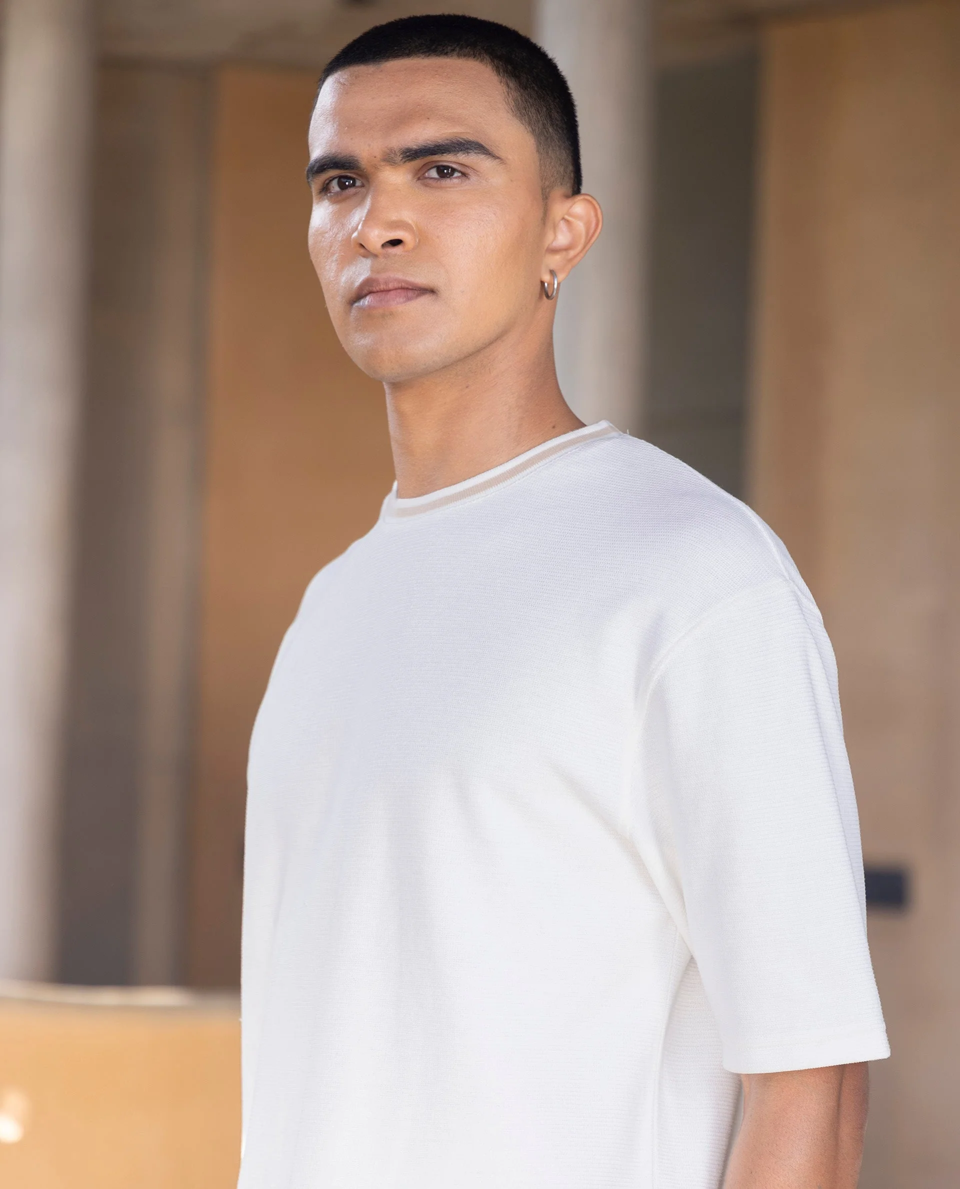 Rare Rabbit Men's Adiso Off White Cotton Blend Plain Oversized Fit Half Sleeve Crew Neck T-Shirt - Image 6