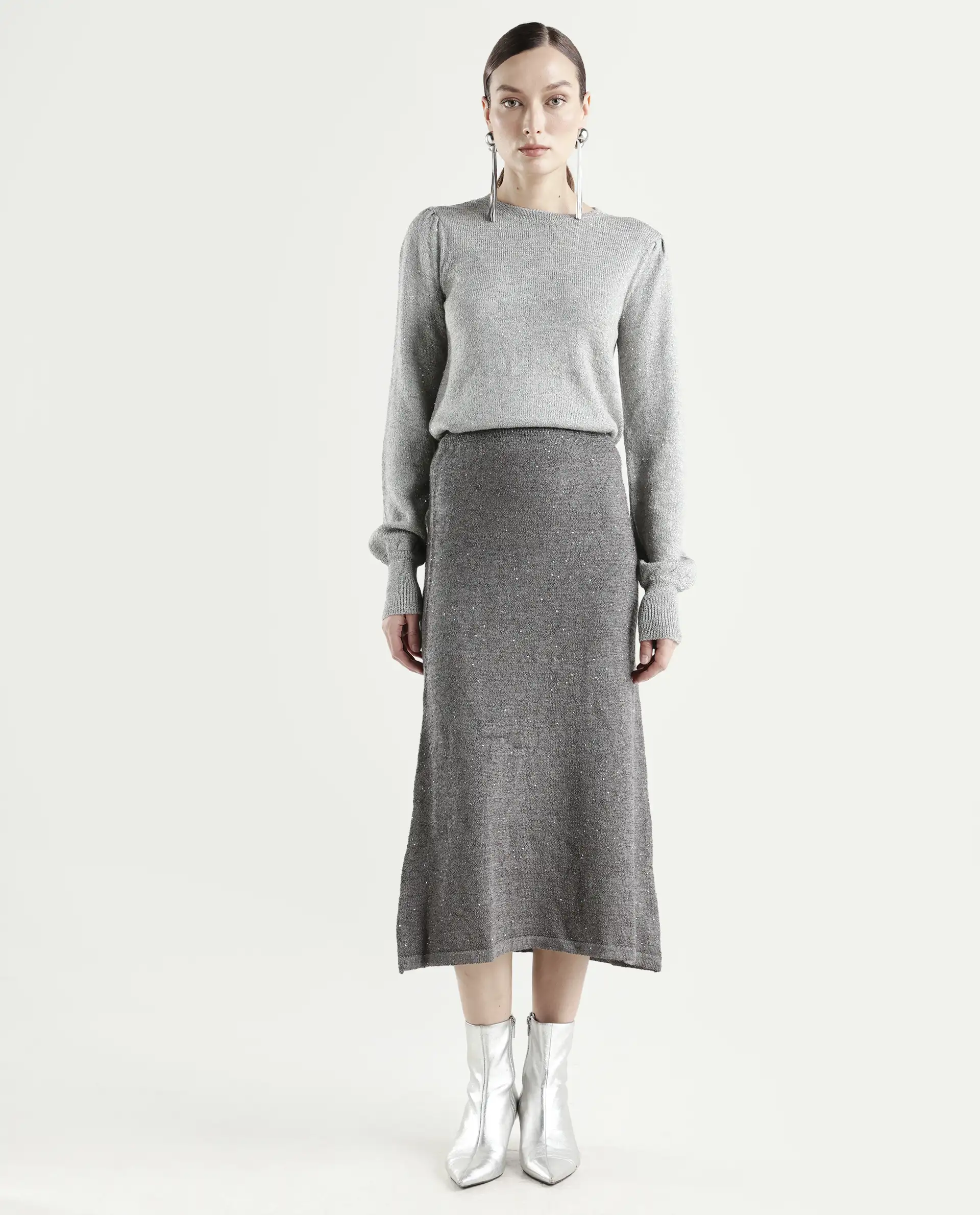 Rareism Women's Adiyaman B Dark Grey Polyester Plain Midi A-Line Skirt - Image 3