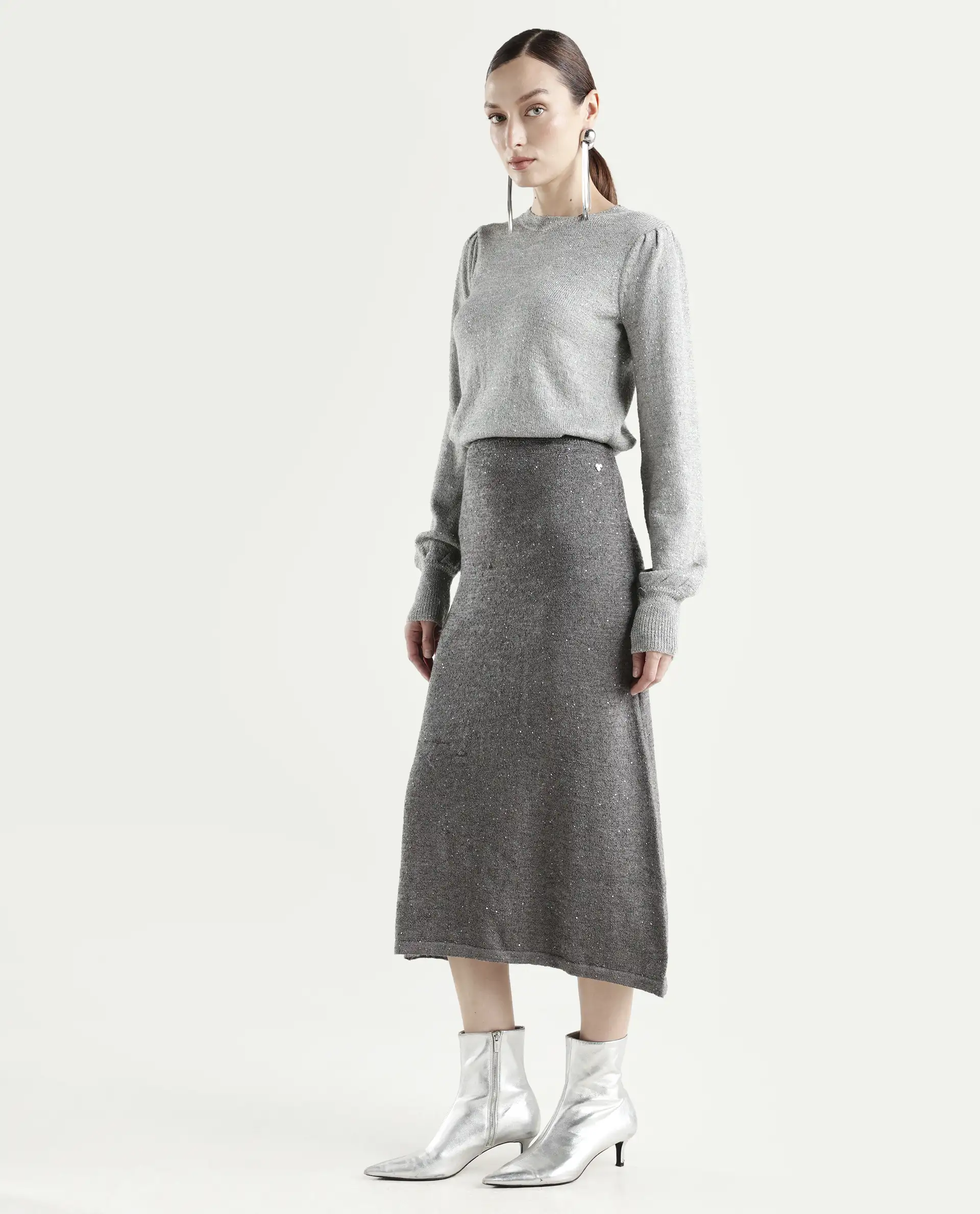 Rareism Women's Adiyaman B Dark Grey Polyester Plain Midi A-Line Skirt - Image 5