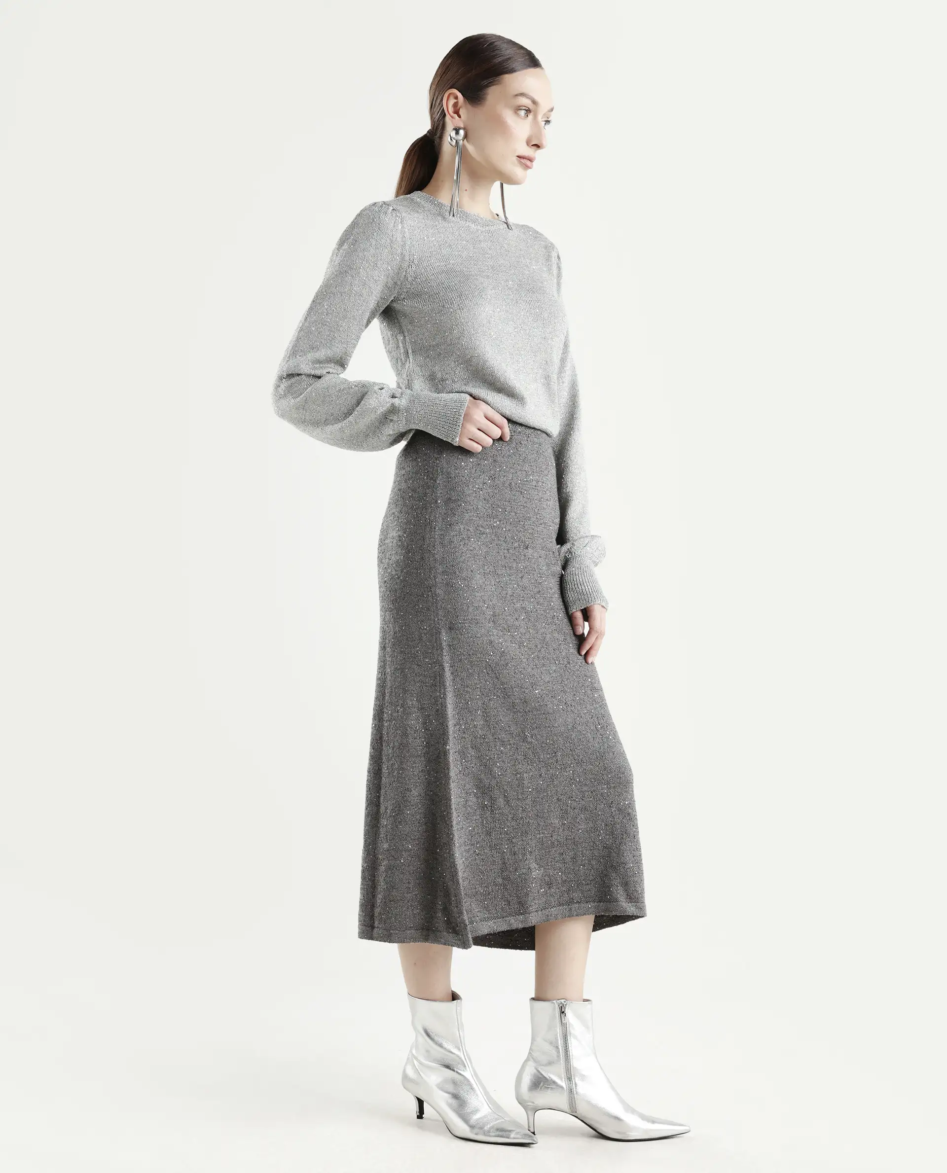 Rareism Women's Adiyaman B Dark Grey Polyester Plain Midi A-Line Skirt - Image 6