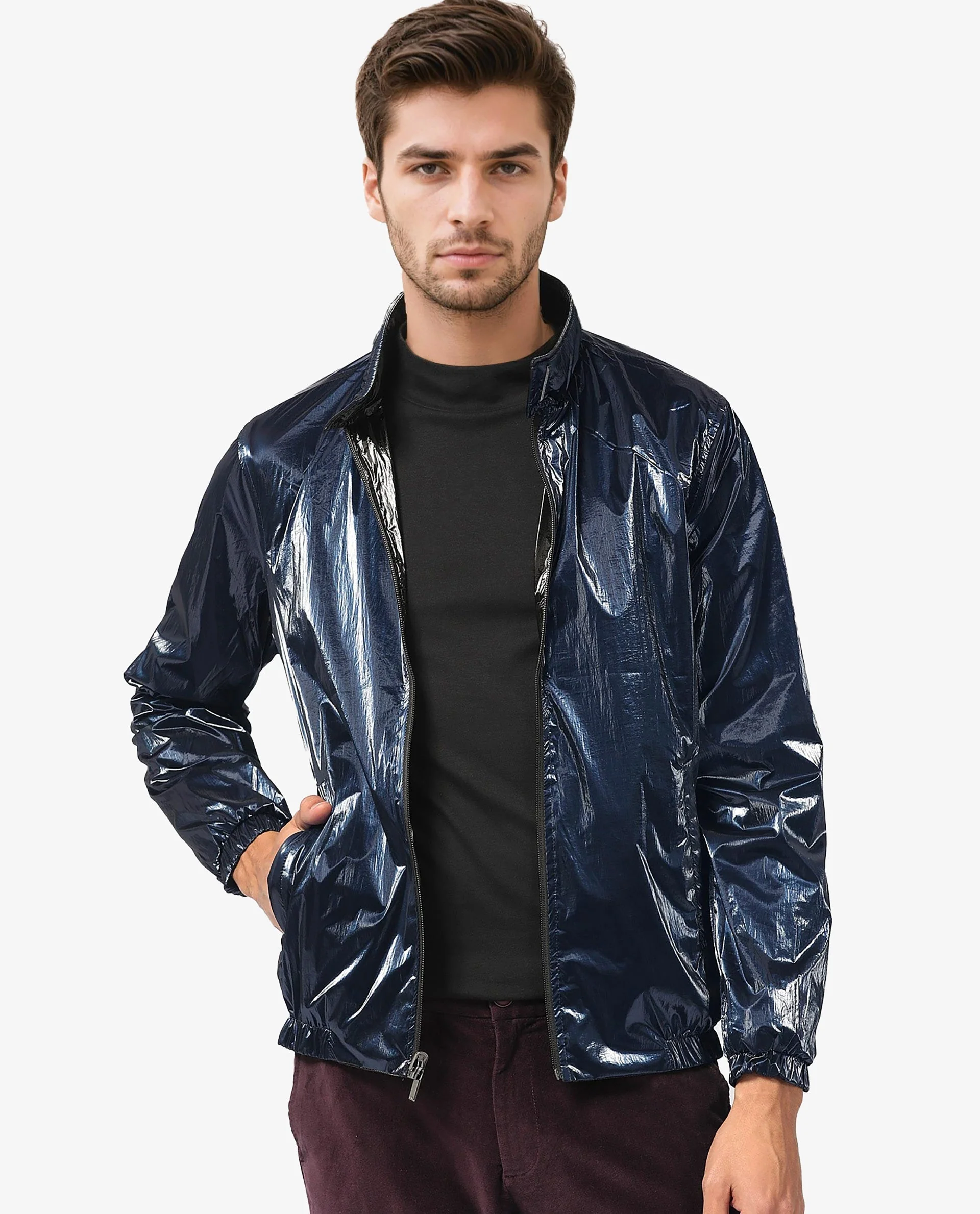 Rare Rabbit Men's Adler Navy Polyester Plain Regular Fit Full Sleeve Mandarin Collar Jacket