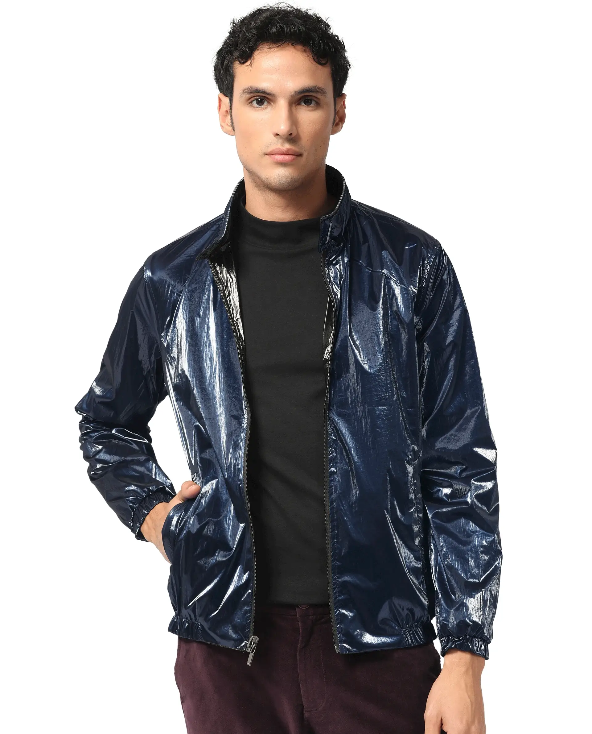 Rare Rabbit Men's Adler Navy Polyester Plain Regular Fit Full Sleeve Mandarin Collar Jacket - Image 2
