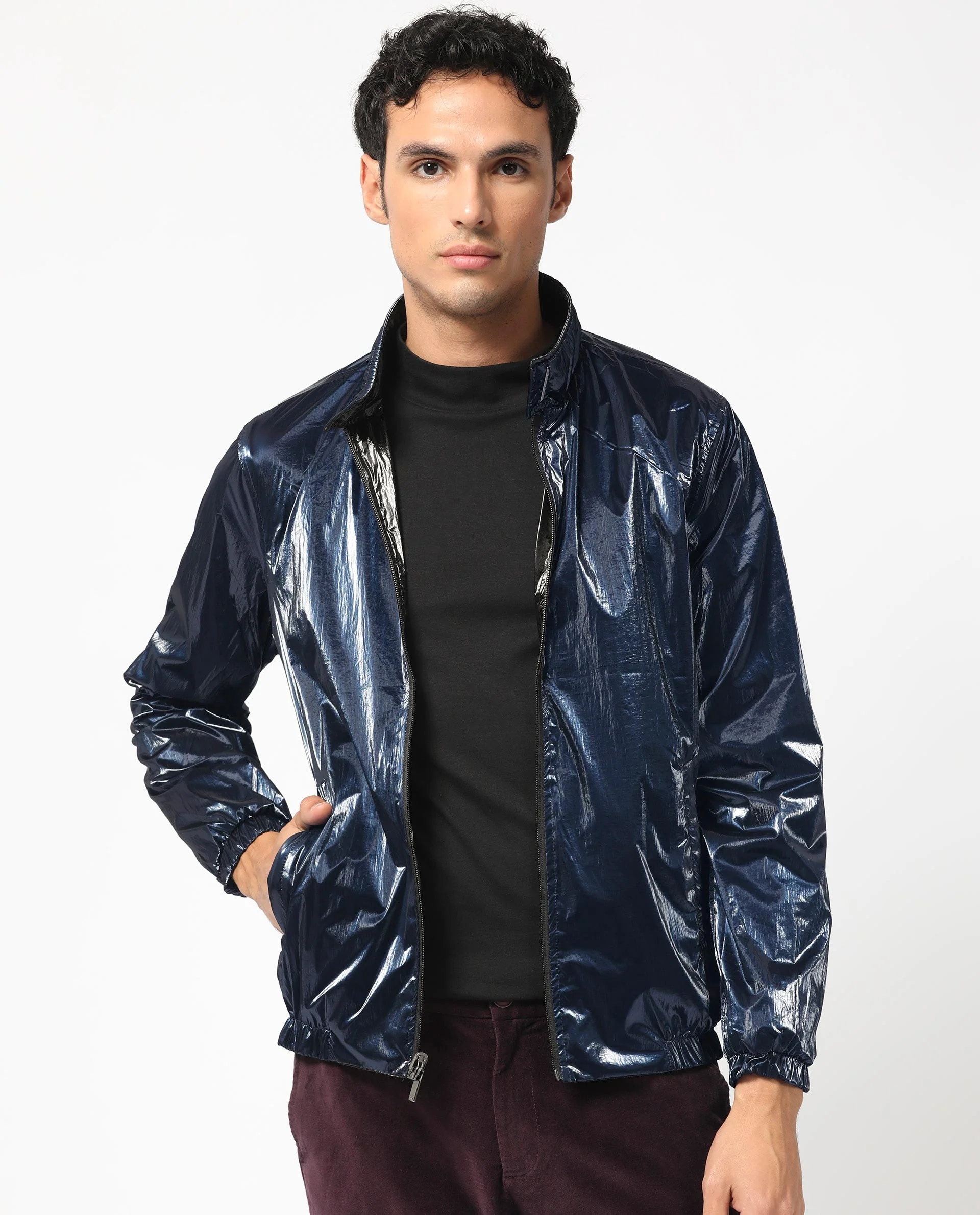 Rare Rabbit Men's Adler Navy Polyester Plain Regular Fit Full Sleeve Mandarin Collar Jacket - Image 4