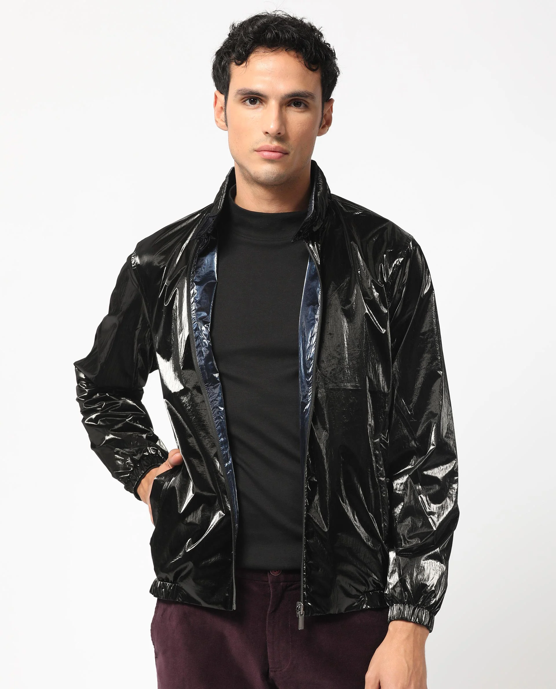 Rare Rabbit Men's Adler Navy Polyester Plain Regular Fit Full Sleeve Mandarin Collar Jacket - Image 5