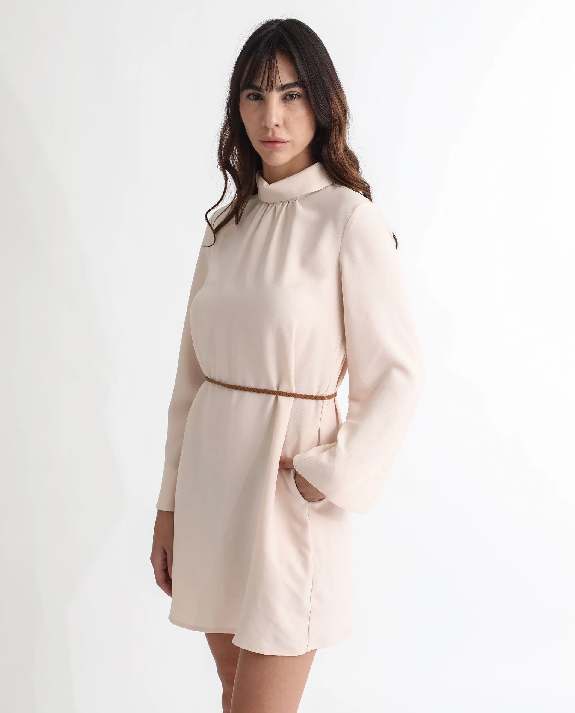 Rareism Women's Adler Light Beige Polyester Choker Neck Plain Mini Tailored Dress - Image 11