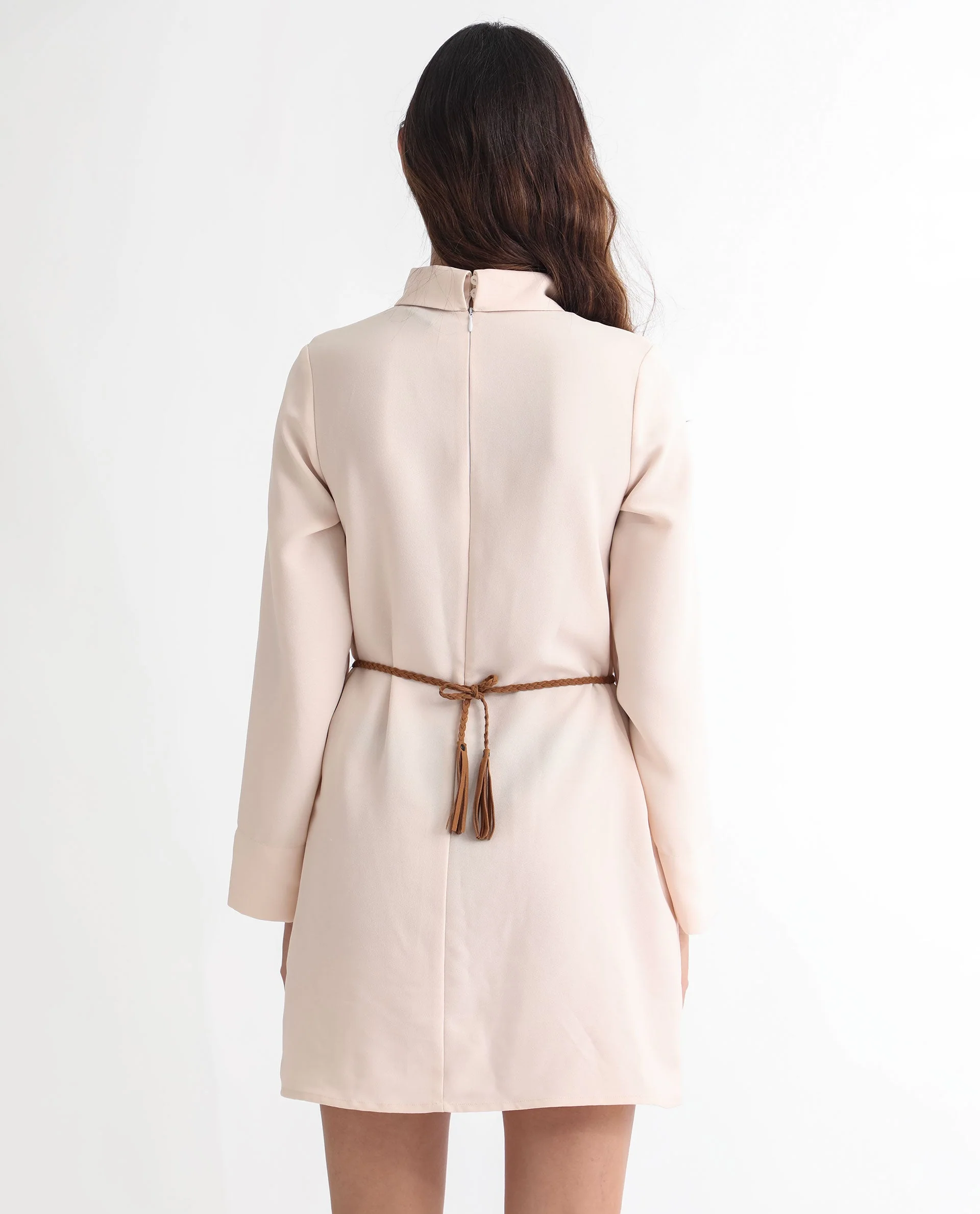 Rareism Women's Adler Light Beige Polyester Choker Neck Plain Mini Tailored Dress - Image 12