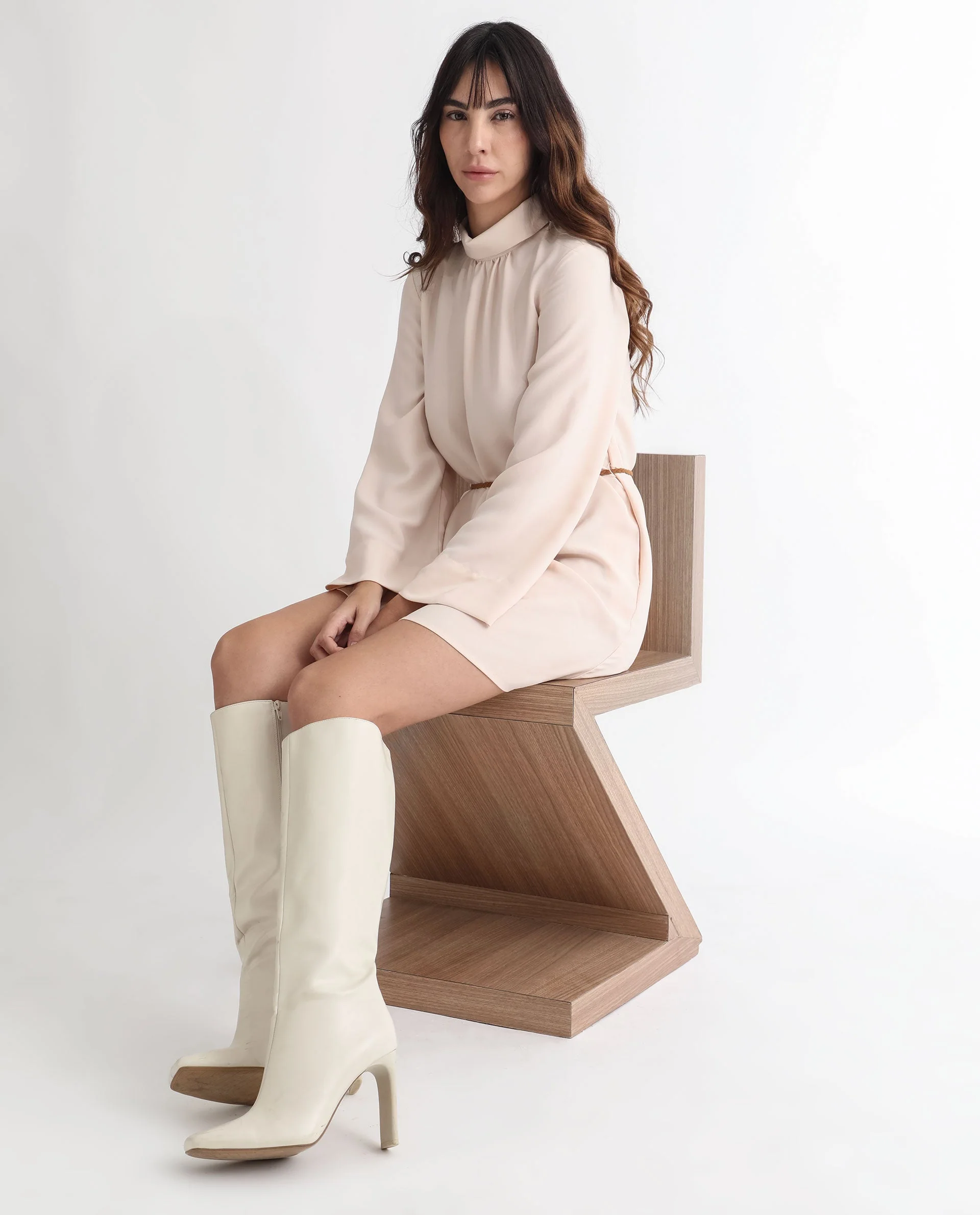 Rareism Women's Adler Light Beige Polyester Choker Neck Plain Mini Tailored Dress - Image 2
