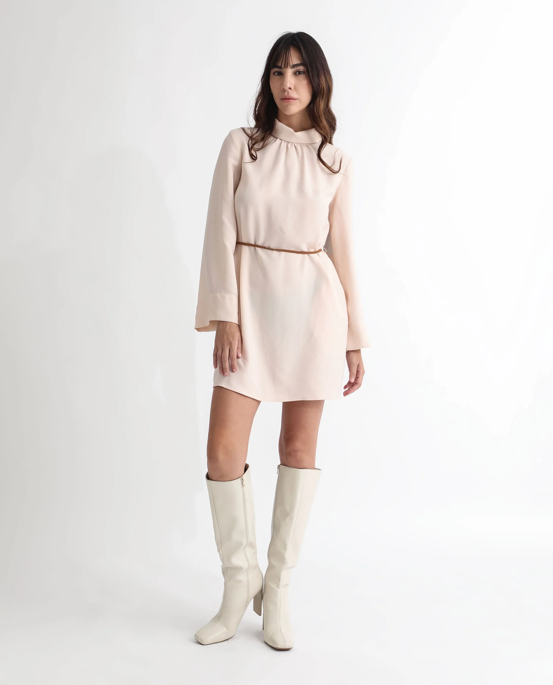 Rareism Women's Adler Light Beige Polyester Choker Neck Plain Mini Tailored Dress - Image 3