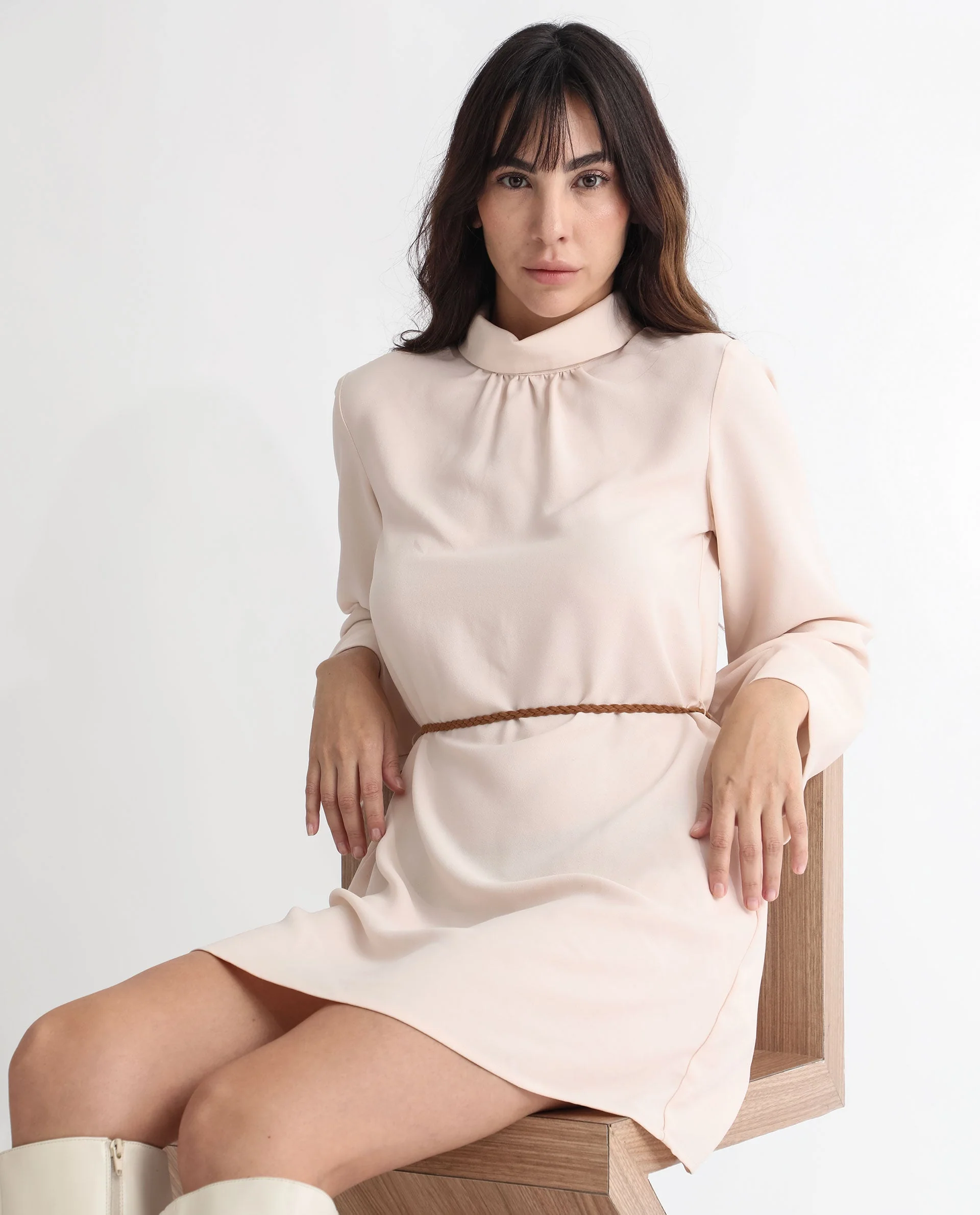 Rareism Women's Adler Light Beige Polyester Choker Neck Plain Mini Tailored Dress - Image 4