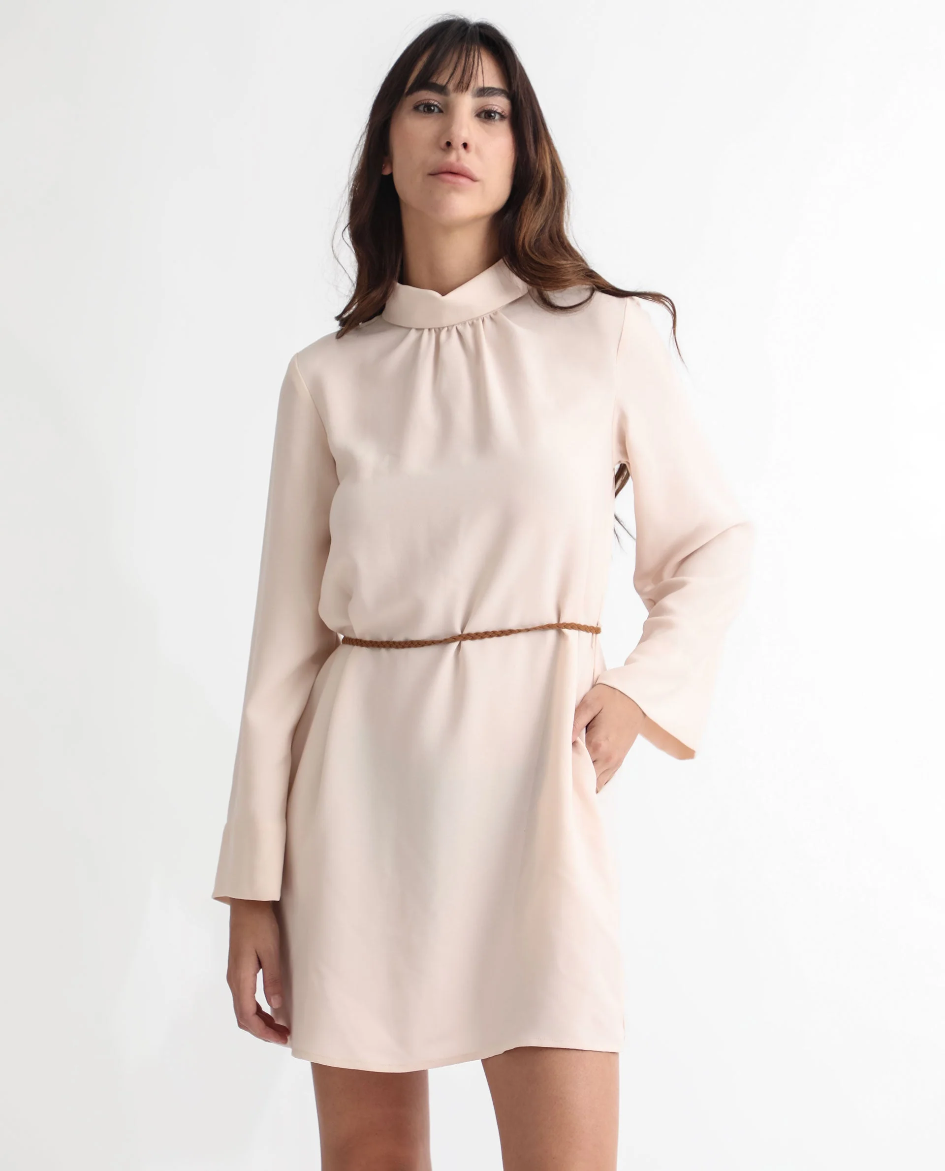 Rareism Women's Adler Light Beige Polyester Choker Neck Plain Mini Tailored Dress - Image 5