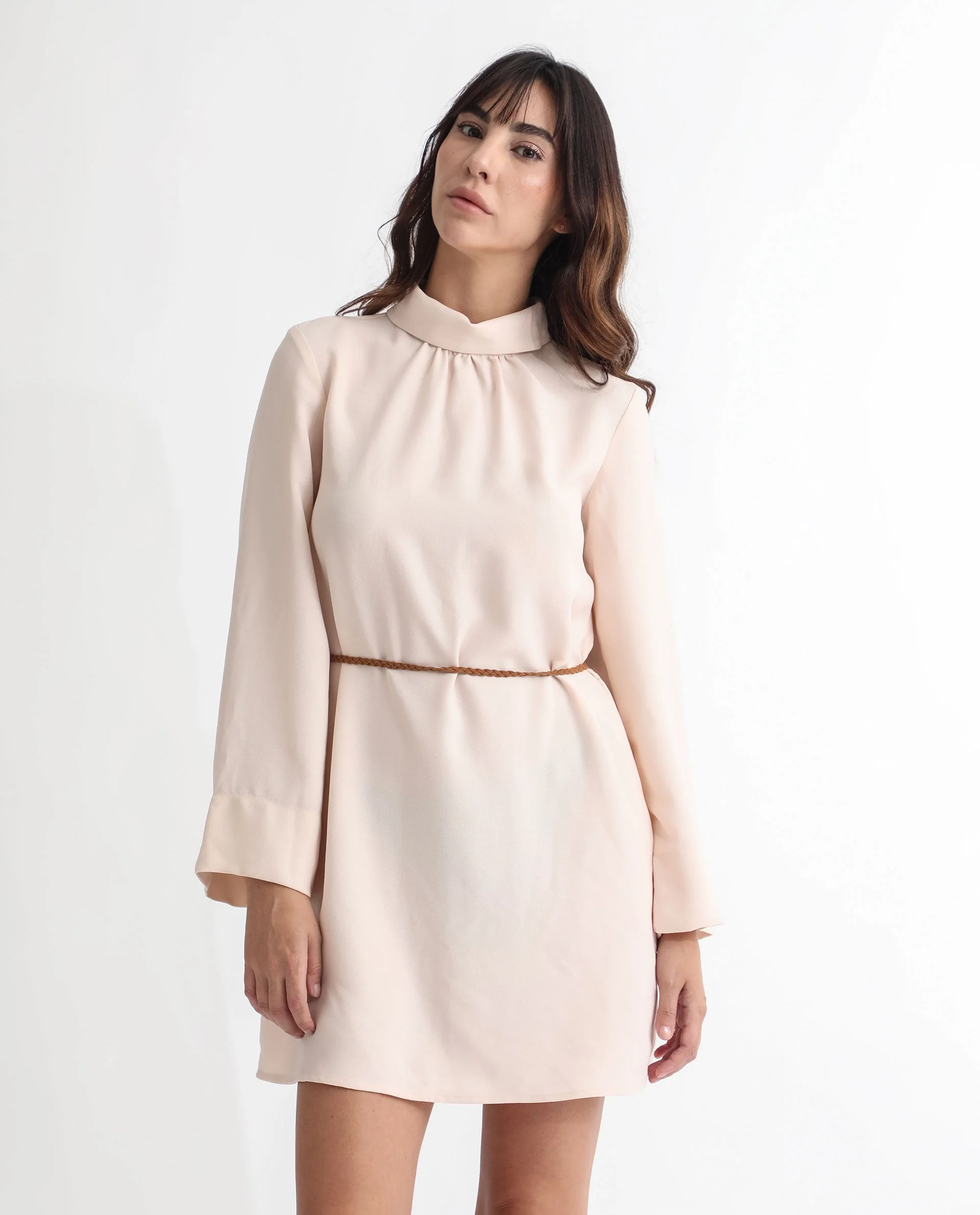 Rareism Women's Adler Light Beige Polyester Choker Neck Plain Mini Tailored Dress - Image 6