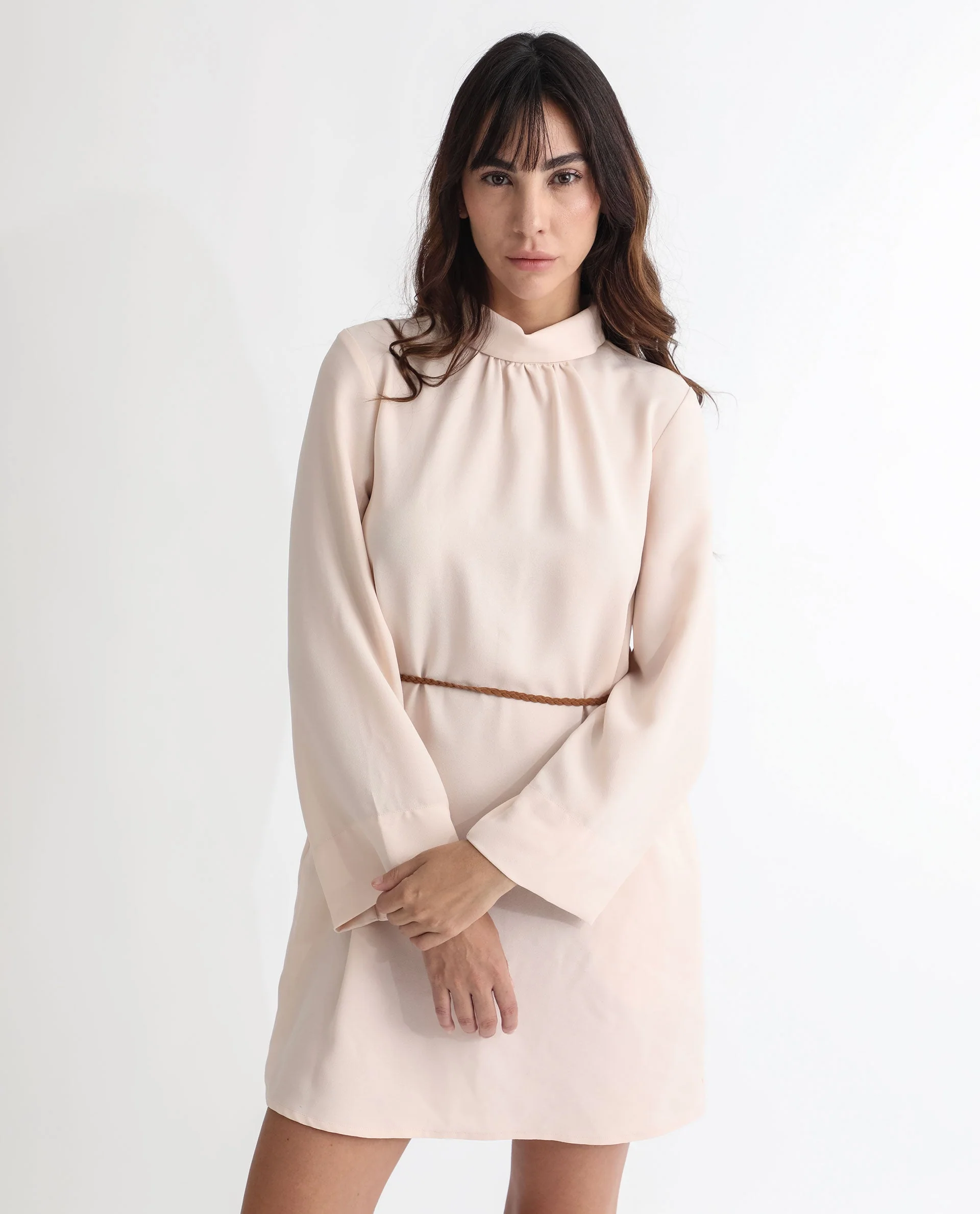 Rareism Women's Adler Light Beige Polyester Choker Neck Plain Mini Tailored Dress - Image 7