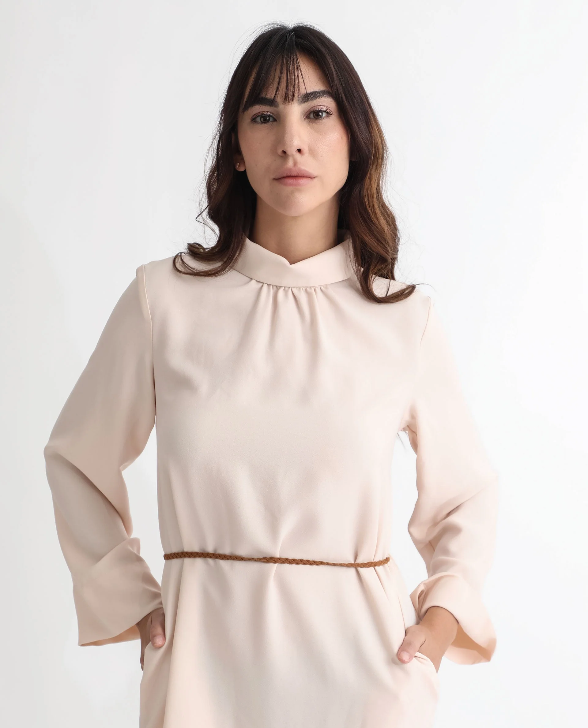 Rareism Women's Adler Light Beige Polyester Choker Neck Plain Mini Tailored Dress - Image 8