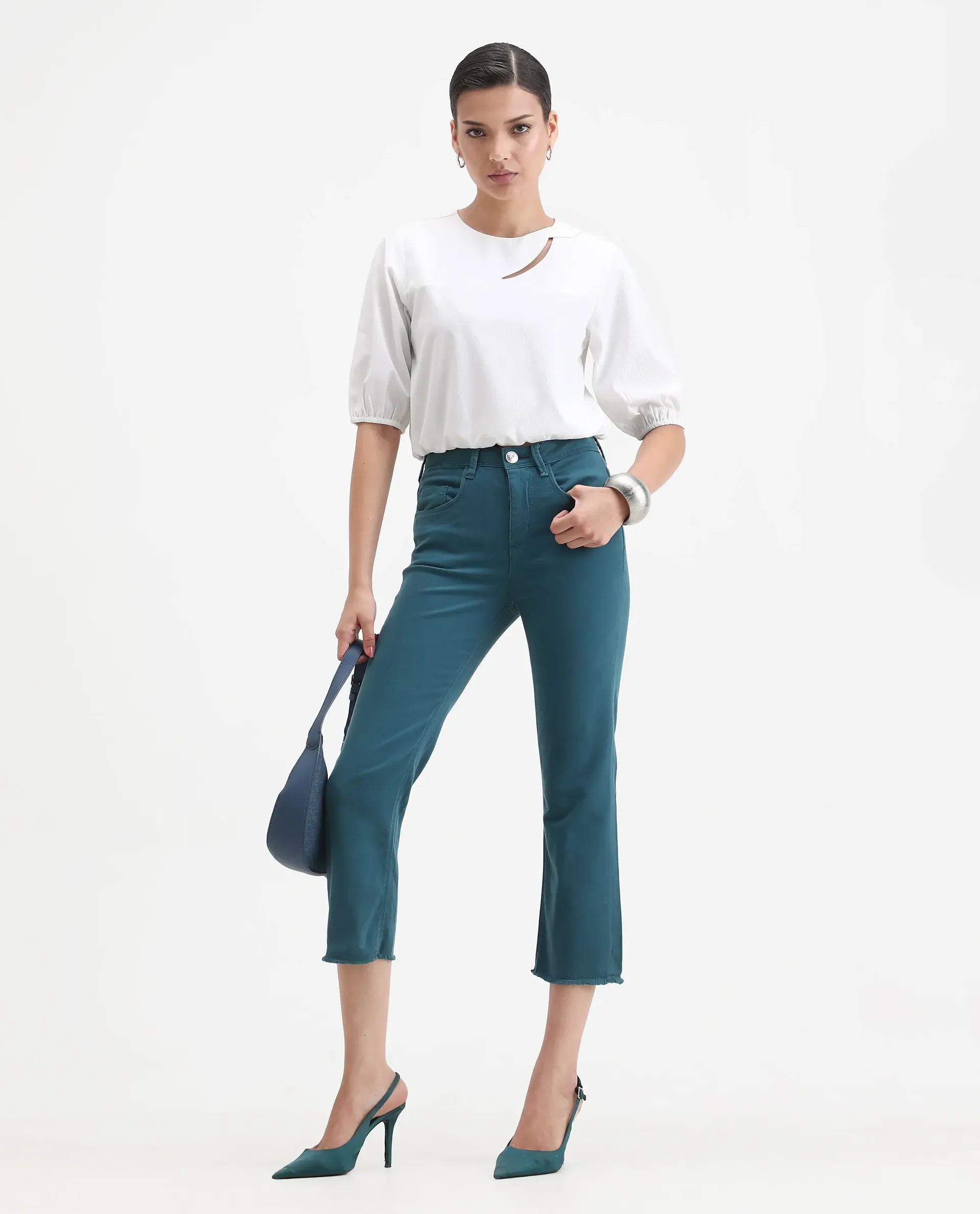 Rareism Women's Admiral Petrol Cotton Blend Plain Ankle Length Regular Fit Jeans
