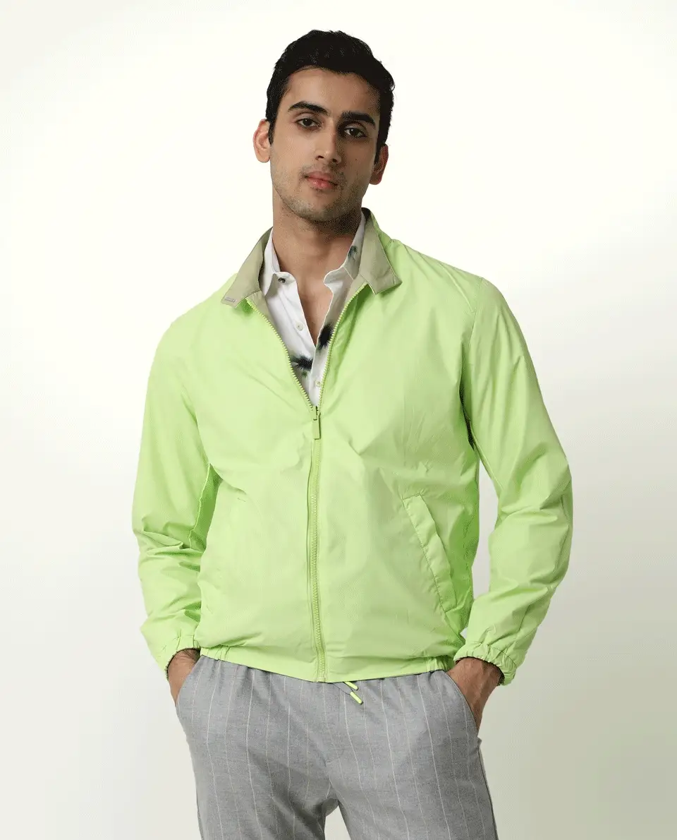 Rare Rabbit Men's Adol Green Polyester Plain Regular Fit Full Sleeve Mandarin Collar Jacket