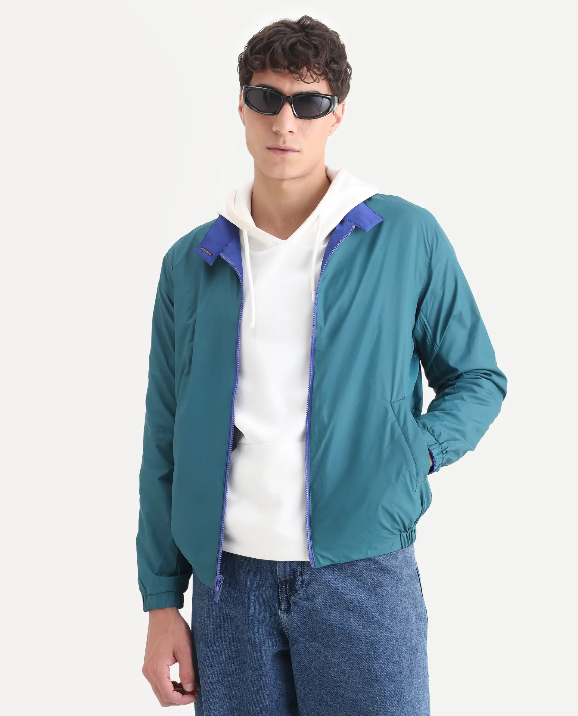 Rare Rabbit Men's Adol Petrol Polyester Plain Regular Fit Full Sleeve Mandarin Collar Jacket - Image 4