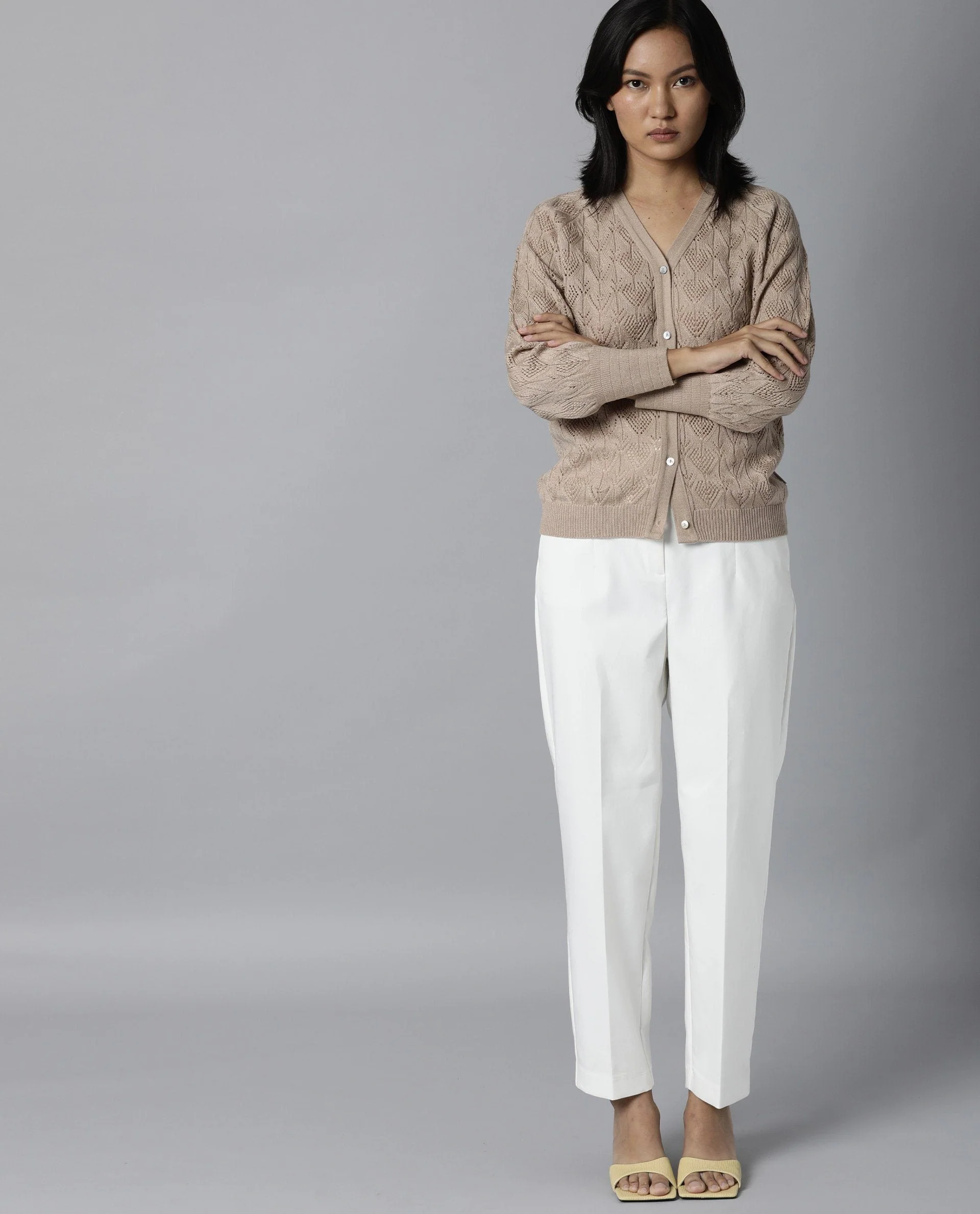 Rareism Women's Adorn Beige V-Neck Plain Regular Fit Sweater - Image 2