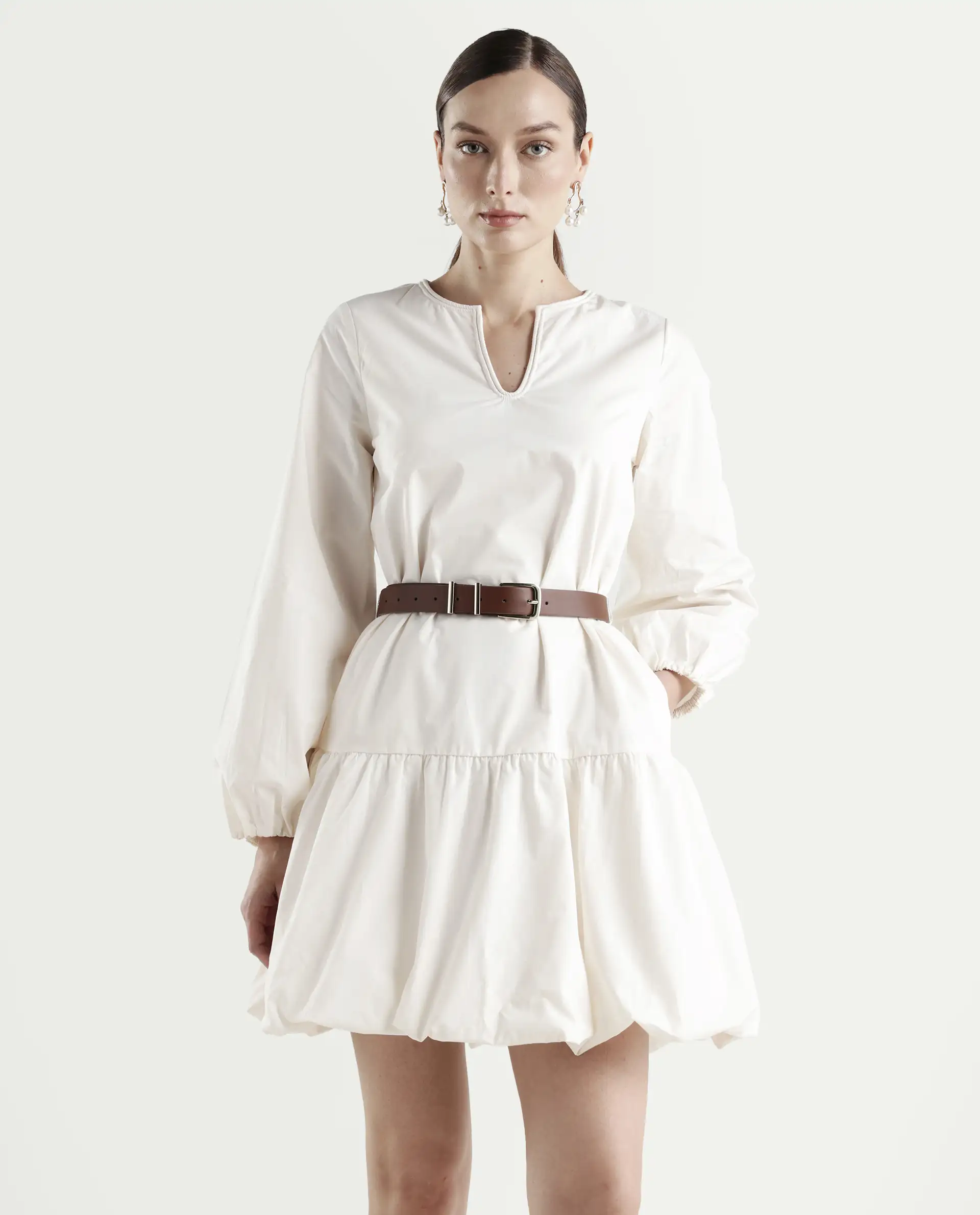 Rareism Women's Aelisi Beige Cotton Full Sleeve A-Line Printed Dress - Image 3
