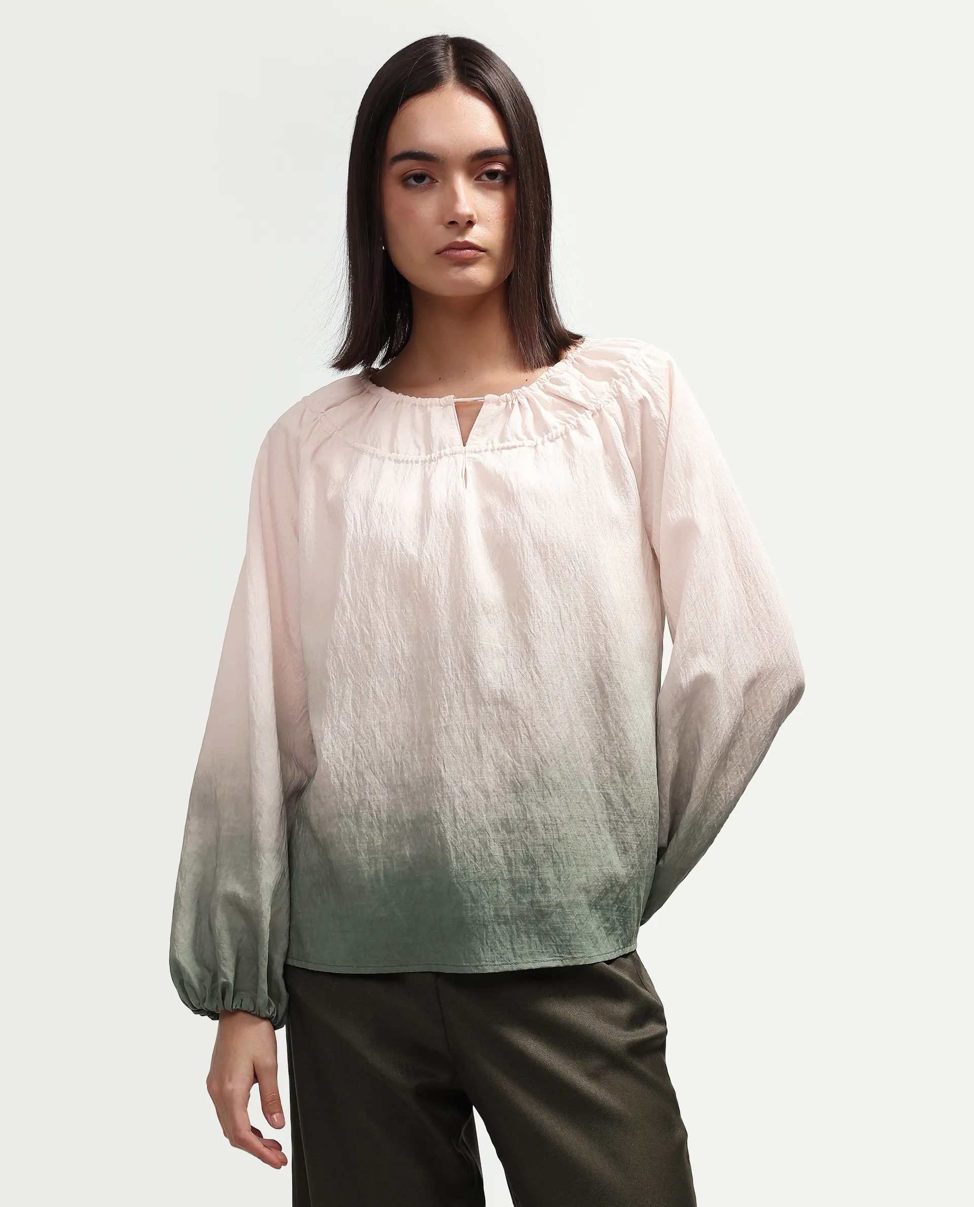 Rareism Women's Aelus Olive Viscose Blend Full Sleeve Regular Fit Ombre Print Top - Image 3
